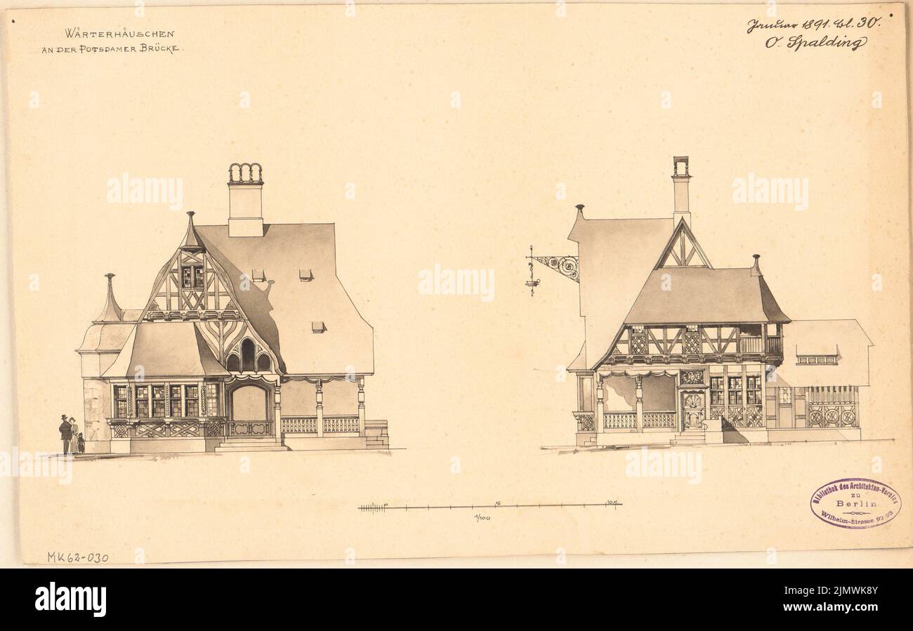 Spalding Otto (1863-1945), Verbesserung der Straßeninsel südlich der Potsdamer Brücke in Berlin. Monatlicher Wettbewerb Januar 1891 (01,1891): Obere 2 Aufrufe 1: 100; Maßstab bar. Tusche Aquarell auf der Schachtel, 25,7 x 41,2 cm (inklusive Scan-Kanten) Spalding Otto (1863-1945): Verbesserung der Straßeninsel südlich der Potsdamer Brücke, Berlin. Monatskurrenz Januar 1891 Stockfoto