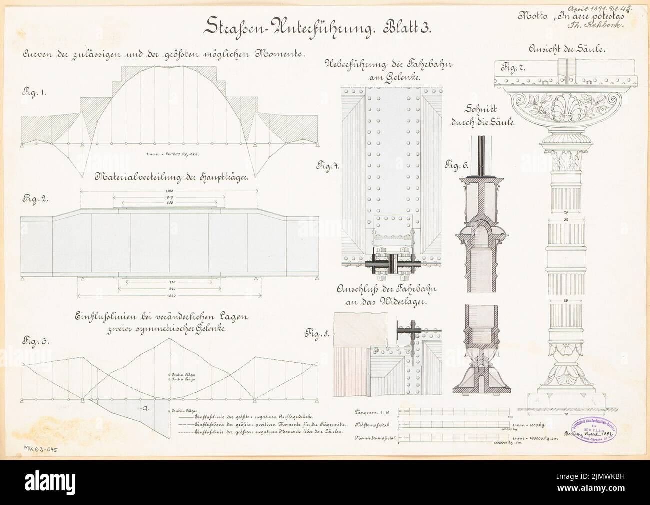 Rehbock Theodor (geb. 1846), Straßenunterführung. Monatlicher Wettbewerb 1891. April (04,1891): Konstruktionszeichnungen, Ansicht und vertikaler Schnitt einer Eisensäule, Details 1:10; Streifen im Maßstab 3. Tusche Aquarell auf der Schachtel, 40,7 x 57,5 cm (inklusive Scankanten) Rehbock Theodor (geb. 1846): Straßenunterführung. Monatskurrenz April 1891 Stockfoto