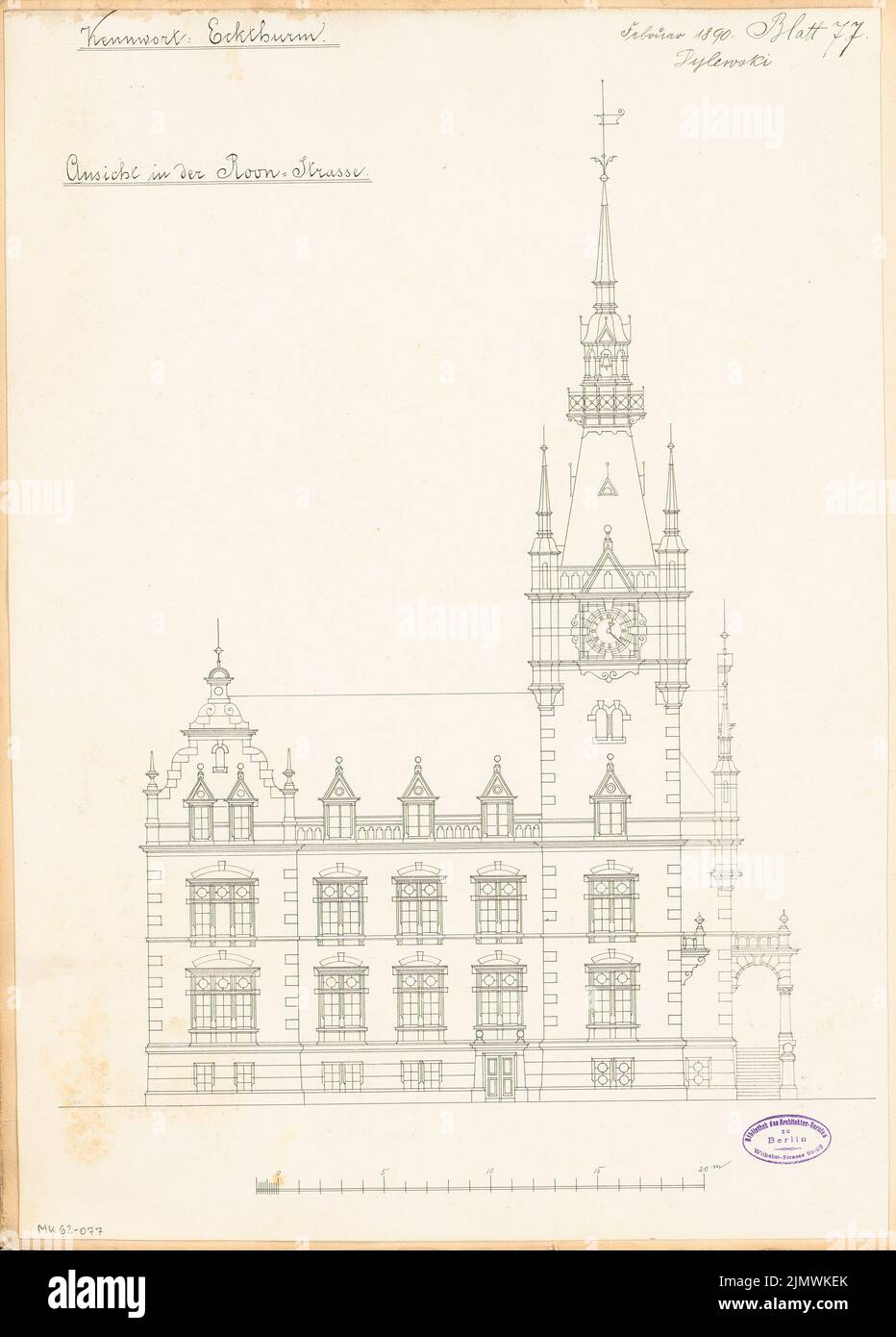 Dylewski Vincent (1852-1915), Rathaus Wilhelmshaven. Monatlicher Wettbewerb Februar 1890 (02,1890): Obere Ansicht der Roonstraße; Staffelstab. Tinte auf Karton, 58,3 x 41,8 cm (inklusive Scankanten) Dylewski Vincent (1852-1915): Rathaus, Wilhelmshaven. Monatskurrenz Februar 1890 Stockfoto