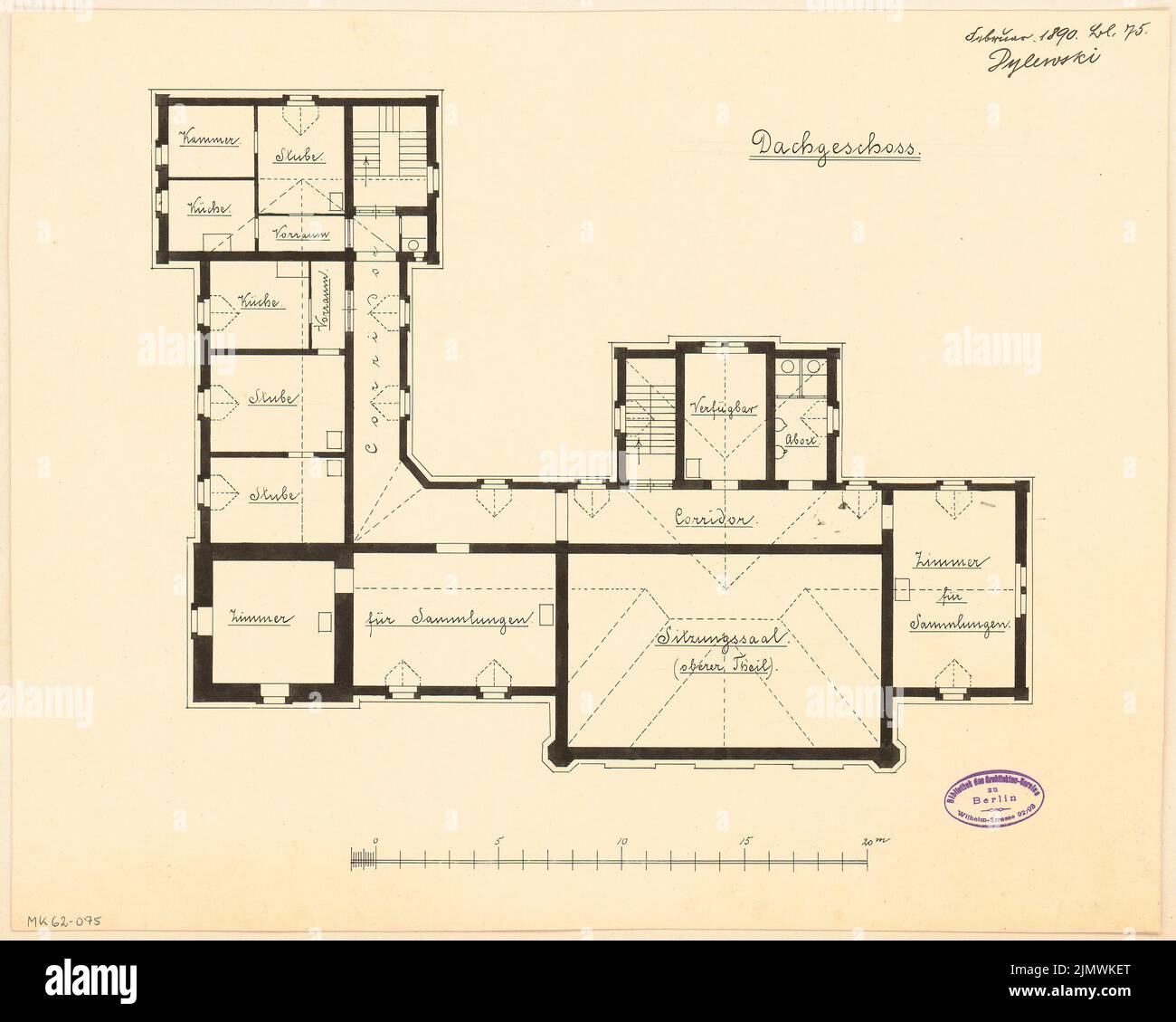 Dylewski Vincent (1852-1915), Rathaus Wilhelmshaven. Monatlicher Wettbewerb 1890. Februar (02,1890): Grundriß Dachgeschoss; Maßstab Bar. Tusche auf Transparent, 38,3 x 47,9 cm (inklusive Scankanten) Dylewski Vincent (1852-1915): Rathaus, Wilhelmshaven. Monatskurrenz Februar 1890 Stockfoto