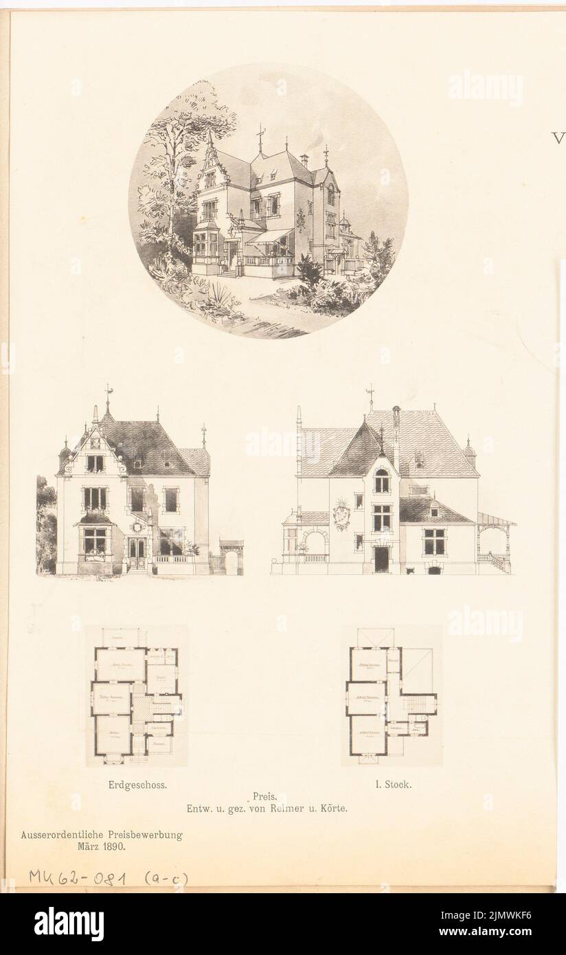 Endell Eduard (1852-1911), Villa für eine Familie in Berlin-Grunewald. Monatlicher Wettbewerb 1890. März (03,1890): Grundriß Erdgeschoss, Obergeschoss, Turbulenzen Vorderansicht, Seitenansicht, Perspektivansicht; 2 Maßstabsstreifen. Leichter Druck auf Papier, 28,2 x 17,9 cm (inklusive Scankanten) Endell Eduard (1852-1911): Villa für eine Familie, Berlin-Grunewald. Monatskurrenz März 1890 Stockfoto