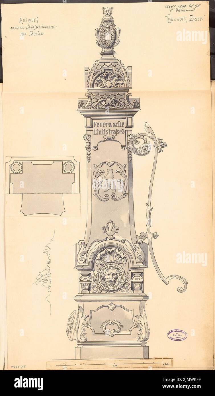 Ehemann Franz (1847-1919), Straßenpumpe in Berlin. Monatlicher Wettbewerb April 1890 (04,1890): Grundriss, offene Seitenansicht, Profilskizze; Maßstabsbalken. Tusche Aquarell auf Papier, 75,5 x 43,9 cm (inklusive Scankanten) Ehemann Franz (1847-1919): Straßenpumpe, Berlin. Monatskurrenz April 1890 Stockfoto