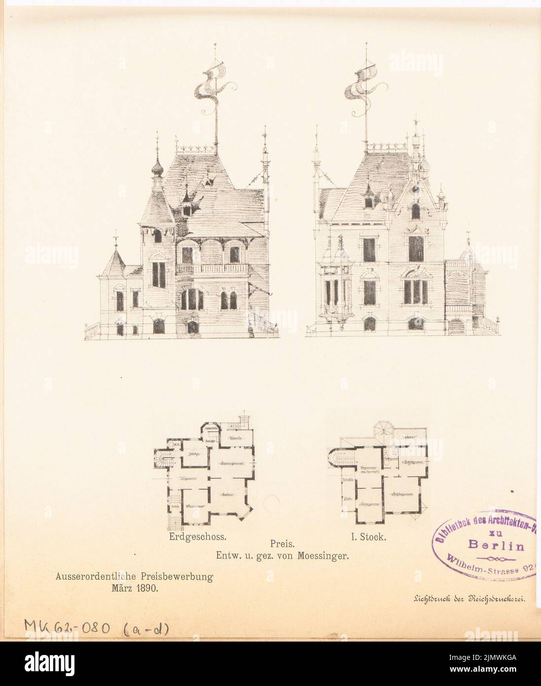 Mössinger Wilhelm (geb. 1862), Villa für eine Familie in Berlin-Grunewald. Monatlicher Wettbewerb 1890. März (03,1890): Grundriß Erdgeschoss, Obergeschoss, aufrechte Vorderansicht, Seitenansicht; Streifen im Maßstab 2. Leichter Druck auf Papier, 20,6 x 17,4 cm (inklusive Scankanten) Mössinger Wilhelm (geb. 1862): Villa für eine Familie, Berlin-Grunewald. Monatskurrenz März 1890 Stockfoto