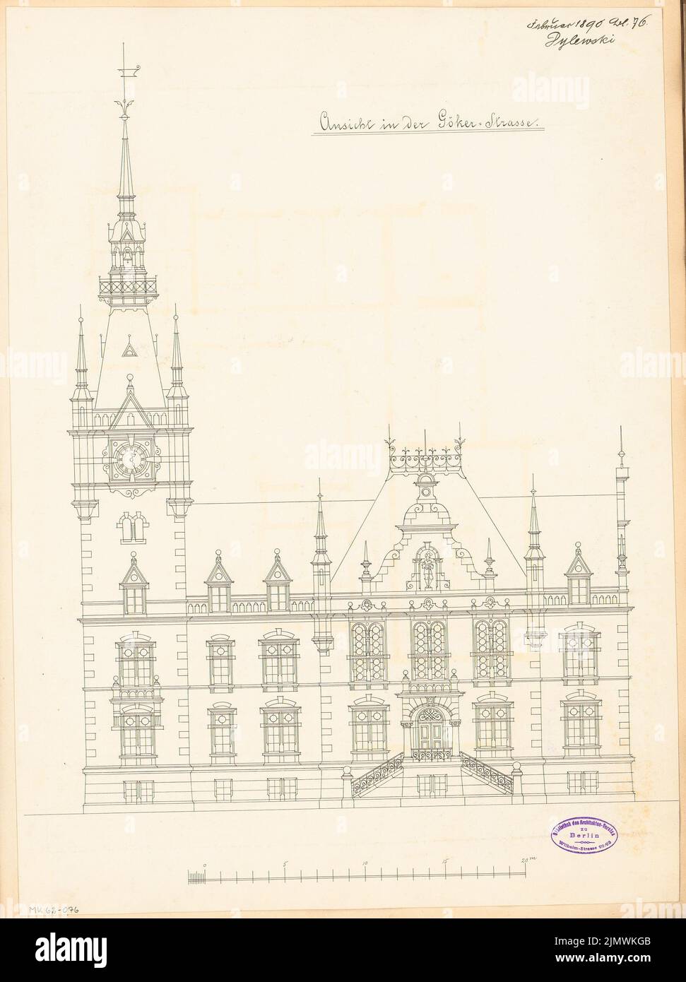 Dylewski Vincent (1852-1915), Rathaus Wilhelmshaven. Monatlicher Wettbewerb Februar 1890 (02,1890): Obere Ansicht der Gökerstraße; Maßstabsbalken. Tinte auf Karton, 57 x 42,6 cm (inklusive Scankanten) Dylewski Vincent (1852-1915): Rathaus, Wilhelmshaven. Monatskurrenz Februar 1890 Stockfoto