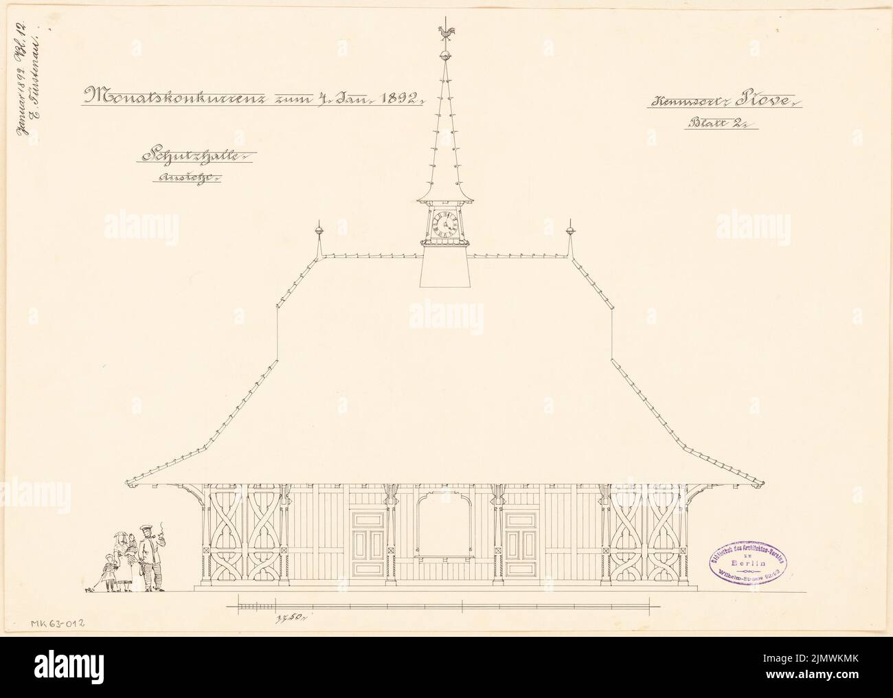 Fürstenau Eduard (1862-1938), Schutzhalle mit Milchbar im Berliner Tiergarten. Monatlicher Wettbewerb Januar 1892 (01,1892): Längsschnitt; Skalenbalken. Tinte auf Karton, 33,7 x 47,3 cm (inklusive Scankanten) Fürstenau Eduard August Wilhelm (1862-1938): Schutzhalle mit Milchauschank im Berliner Tiergarten. Monatskurrenz Januar 1892 Stockfoto