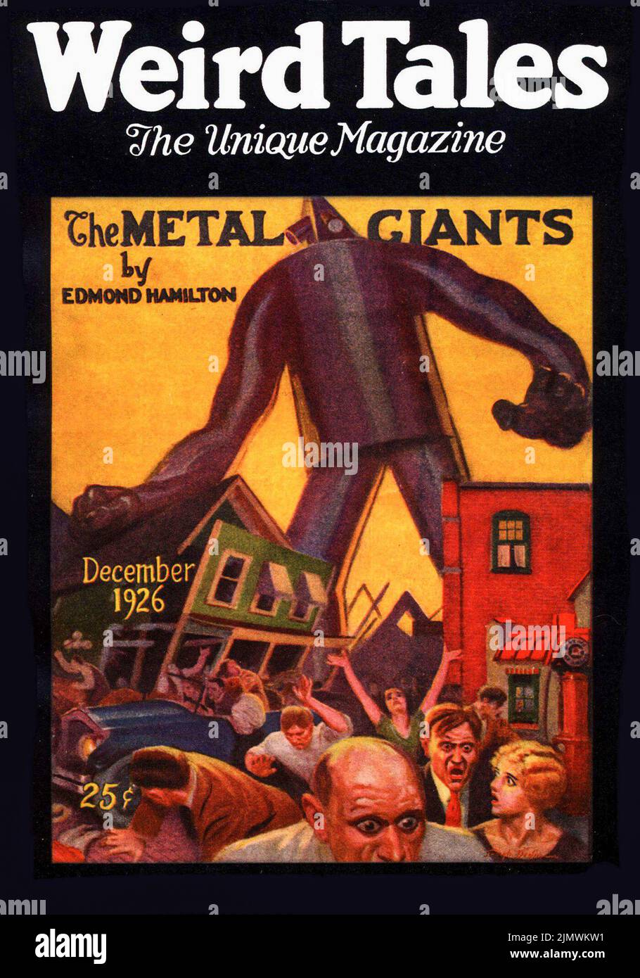 Cover of Weird Tales, Dezember 1926, Band 8, Nummer 6. The Metal Giants, von Edmond Hamilton. Cover-Art von Joseph Doolin Stockfoto