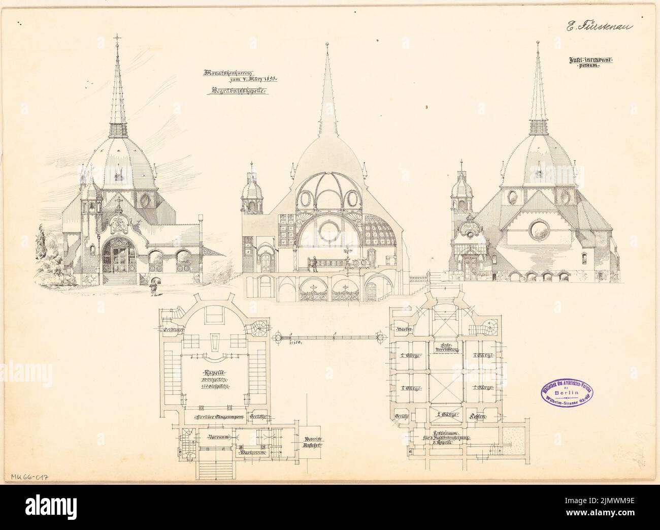 Fürstenau Eduard (1862-1938), Grabkapelle. Monatlicher Wettbewerb März 1895 (03,1895): Grundriss Keller, Erdgeschoss, Turbulenzen Vorderansicht, Seitenansicht, Längsschnitt; Skalenbalken. Tusche Aquarell auf der Schachtel, 36,7 x 50 cm (inklusive Scan-Kanten) Fürstenau Eduard August Wilhelm (1862-1938): Begräbniskapelle. Monatskurrenz März 1895 Stockfoto