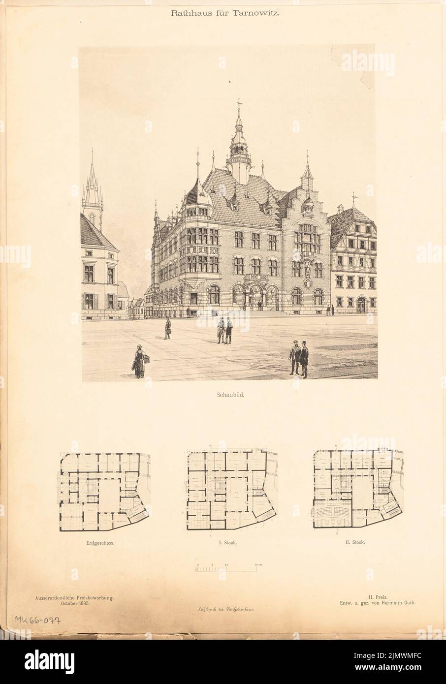 Guth Hermann (1851-1924), Rathaus Tarnowitz. Monatlicher Wettbewerb 1895. Oktober (10,1895): Grundriß Erdgeschoss, 1.. Und 2.. Stock, perspektivische Ansicht; Skala Bar. Lichtdruck auf Papier, 42,8 x 29,9 cm (inklusive Scankanten) Guth Hermann (1851-1924): Rathaus, Tarnowitz. Monatskurrenz Oktober 1895 Stockfoto