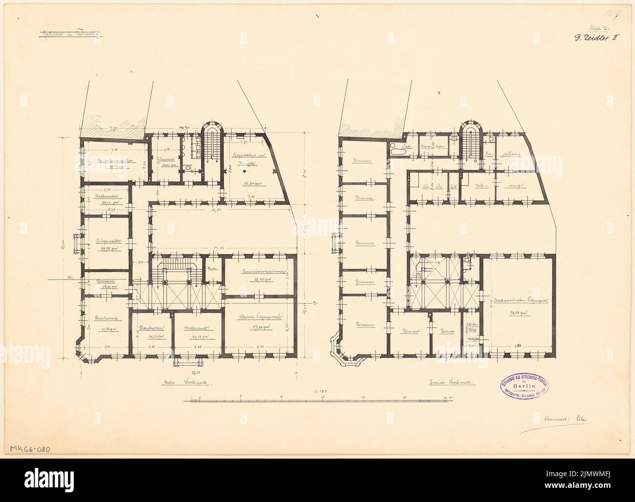 Zeidler Georg (1860-1915), Rathaus Tarnowitz. Monatlicher Wettbewerb 1895. Oktober (10,1895): Grundriß 1. und 2. Stock; Maßstab bar. Tinte auf Karton, 37,3 x 51,6 cm (inklusive Scankanten) Zeidler Georg (1860-1915): Rathaus, Tarnowitz. Monatskurrenz Oktober 1895 Stockfoto