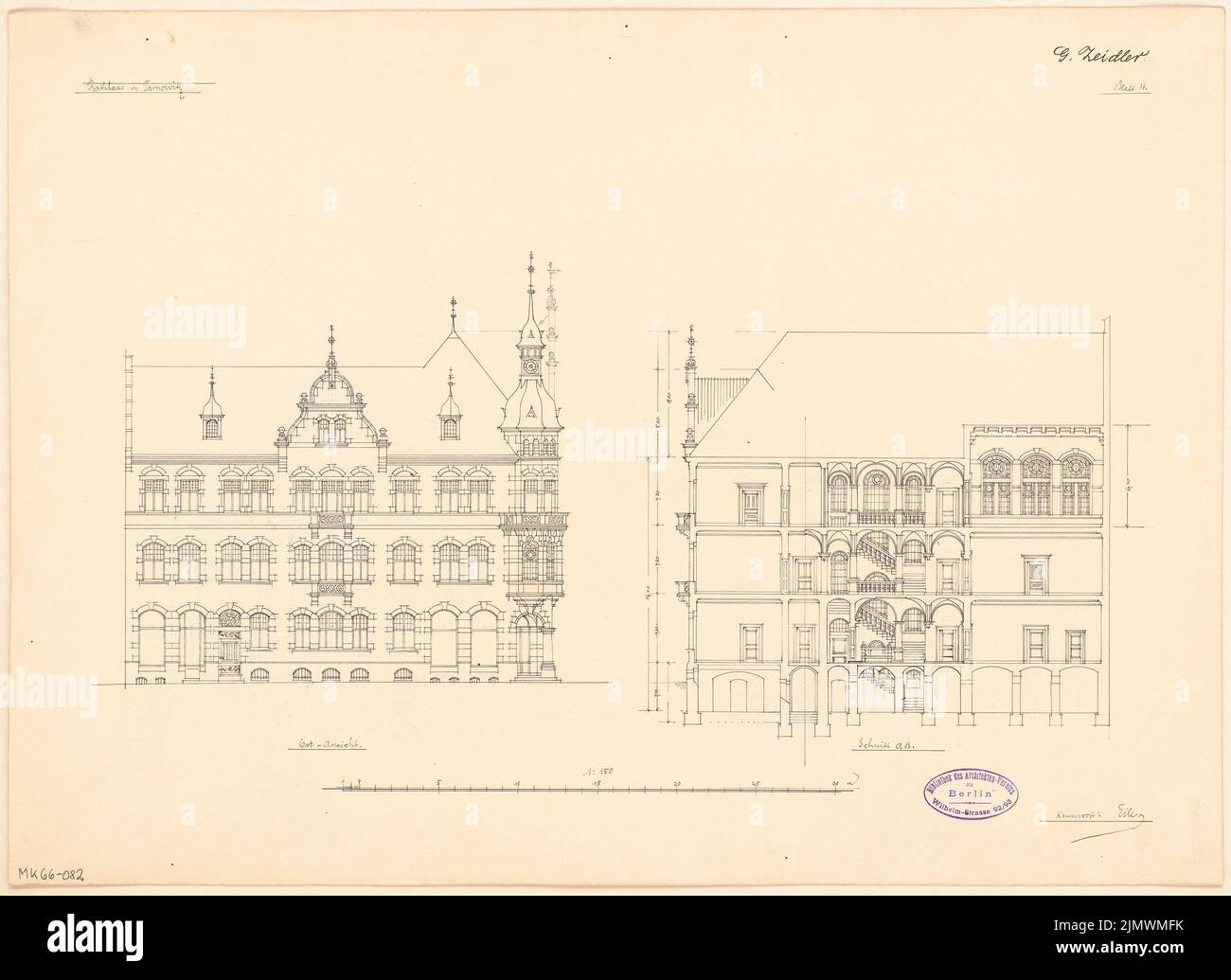 Zeidler Georg (1860-1915), Rathaus Tarnowitz. Monatlicher Wettbewerb 1895. Oktober (10,1895): Riss-Seitenansicht (Ostseite), Querschnitt 1: 150; Maßstabsbalken. Tinte auf Karton, 37,5 x 51,5 cm (inklusive Scankanten) Zeidler Georg (1860-1915): Rathaus, Tarnowitz. Monatskurrenz Oktober 1895 Stockfoto