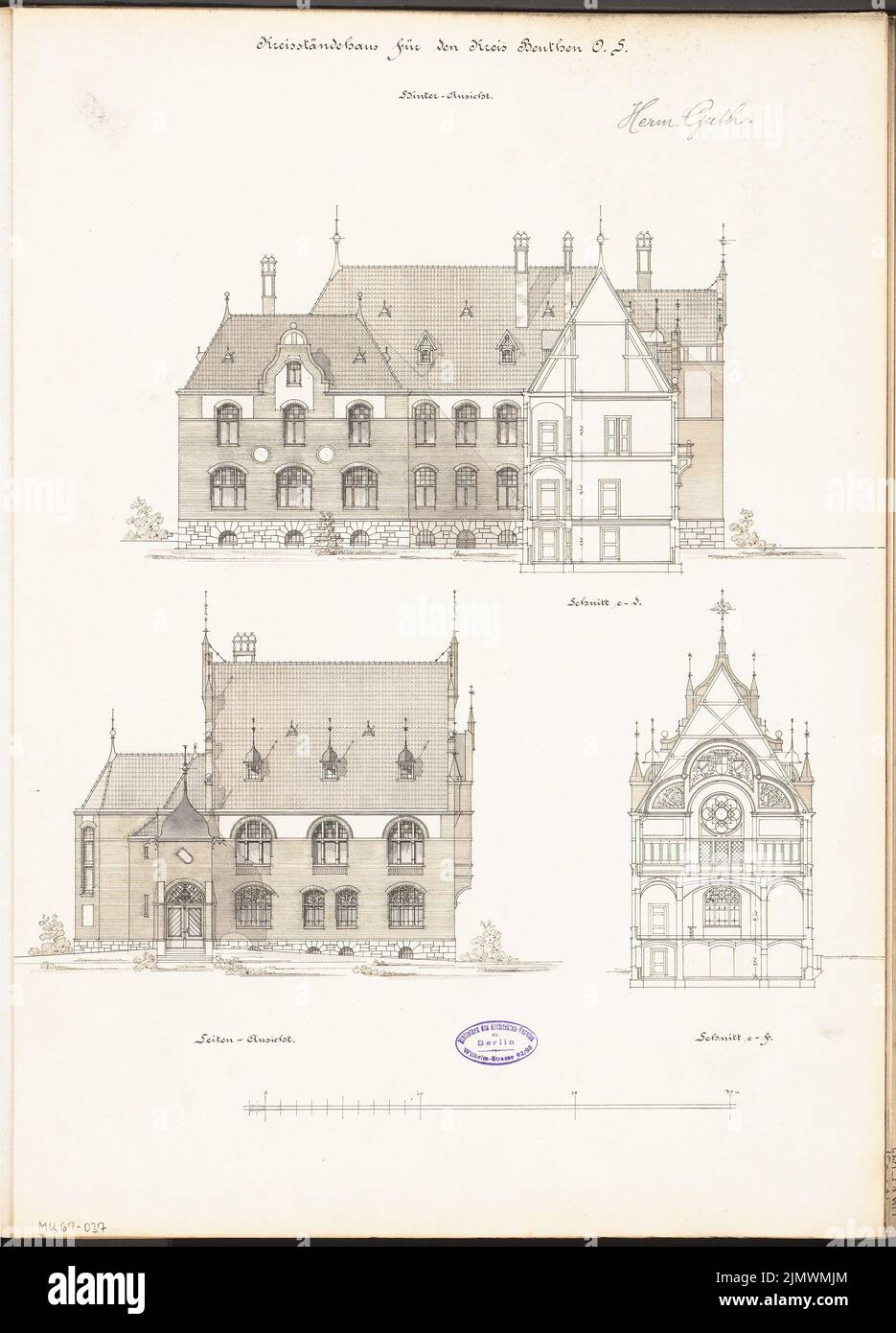 Guth Hermann (1851-1924), Bezirksamt (Kreishaus) in Beuthen. Monatlicher Wettbewerb Dezember 1896 (12,1896): Riss-Seitenansicht, Querschnitt mit Gerichtssicht; Skalenbalken. Tusche Aquarell auf der Schachtel, 60,1 x 43,2 cm (inklusive Scankanten) Guth Hermann (1851-1924): Landratsamt (Kreishaus), Beuthen. Monatskurrenz Dezember 1896 Stockfoto