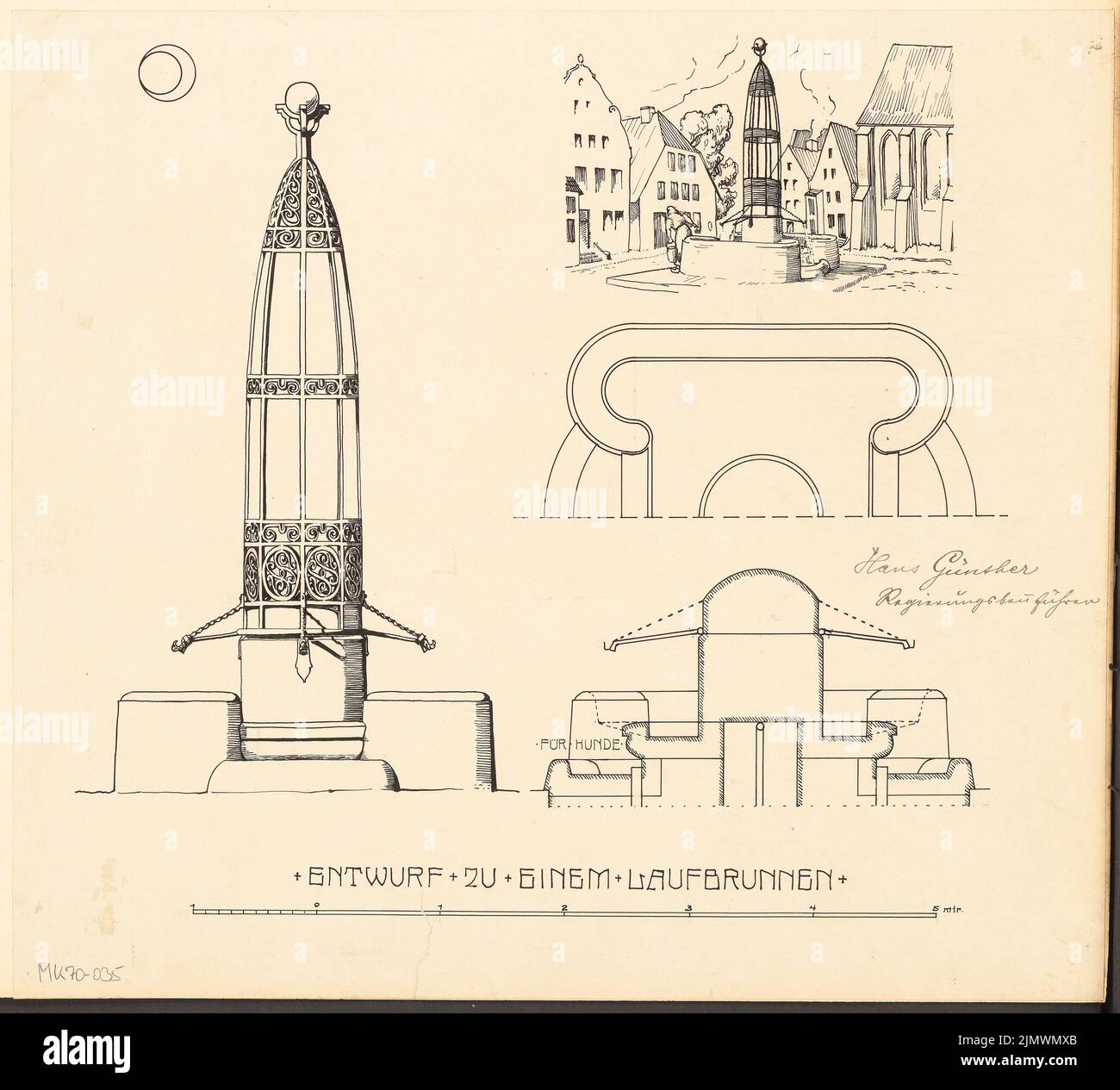 Günther Hans (geb. 1878), laufender Brunnen. Monatlicher Wettbewerb 1904. November (11,1904): (Halber) Grundriß, Vorderansicht der Vorfahren, Längsschnitt, Perspektivansicht; Skalenbalken. Tinte auf Papier, 40,3 x 44,5 cm (inklusive Scankanten) Günther Hans (geb. 1878): Laufbrunnen. Monatskurrenz November 1904 Stockfoto