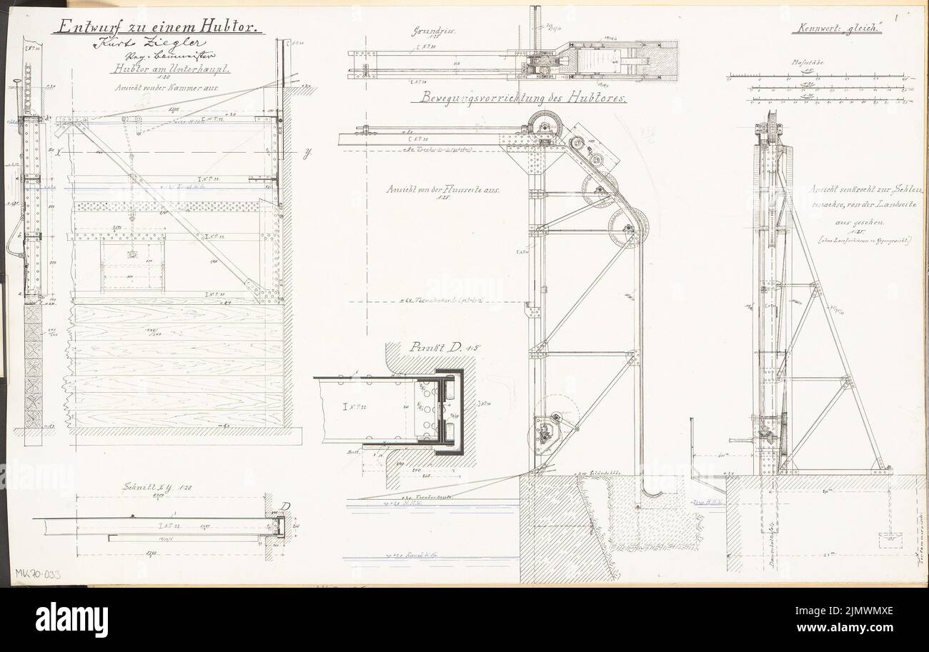 Ziegler Kurt (geboren 1874), Hilter. Monatlicher Wettbewerb 1903. November (11,1903): Grundriss, offener Flussblick, Querschnitt 1:25; Gliederungskammerblick und Querschnitt 1:20, horizontaler Schnitt (Ausschnitt) 1: 5; Streifen im Maßstab 3. Tinte auf Papier, 40,3 x 63,6 cm (einschließlich Scankanten) Ziegler Kurt (geb. 1874): Hubtor. Monatskurrenz November 1903 Stockfoto