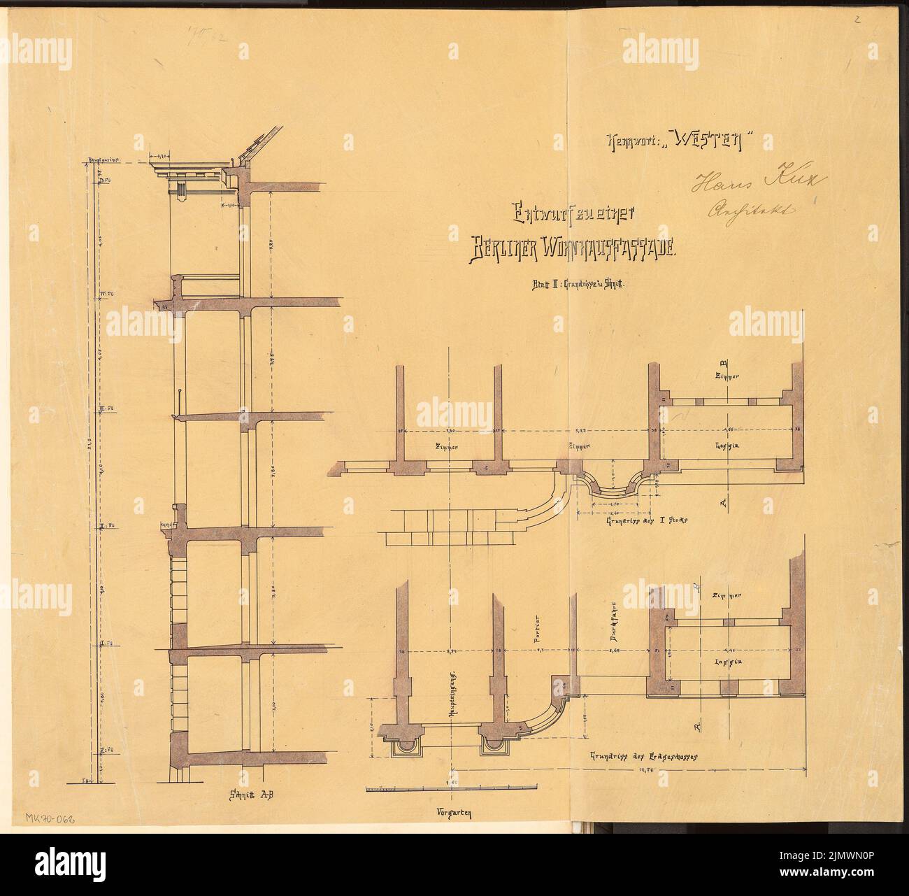 Kux Hans (1875-1935), Berliner Wohnfassade. Monatlicher Wettbewerb 1905. März (03,1905): Vertikaler Schnitt, 2 horizontale Schnitte 1:50; Maßstabsbalken. Tusche Aquarell auf transparent, 58,1 x 63,4 cm (inklusive Scankanten) Kux Hans (1875-1935): Berliner Wohnhausfassade. Monatskurrenz März 1905 Stockfoto