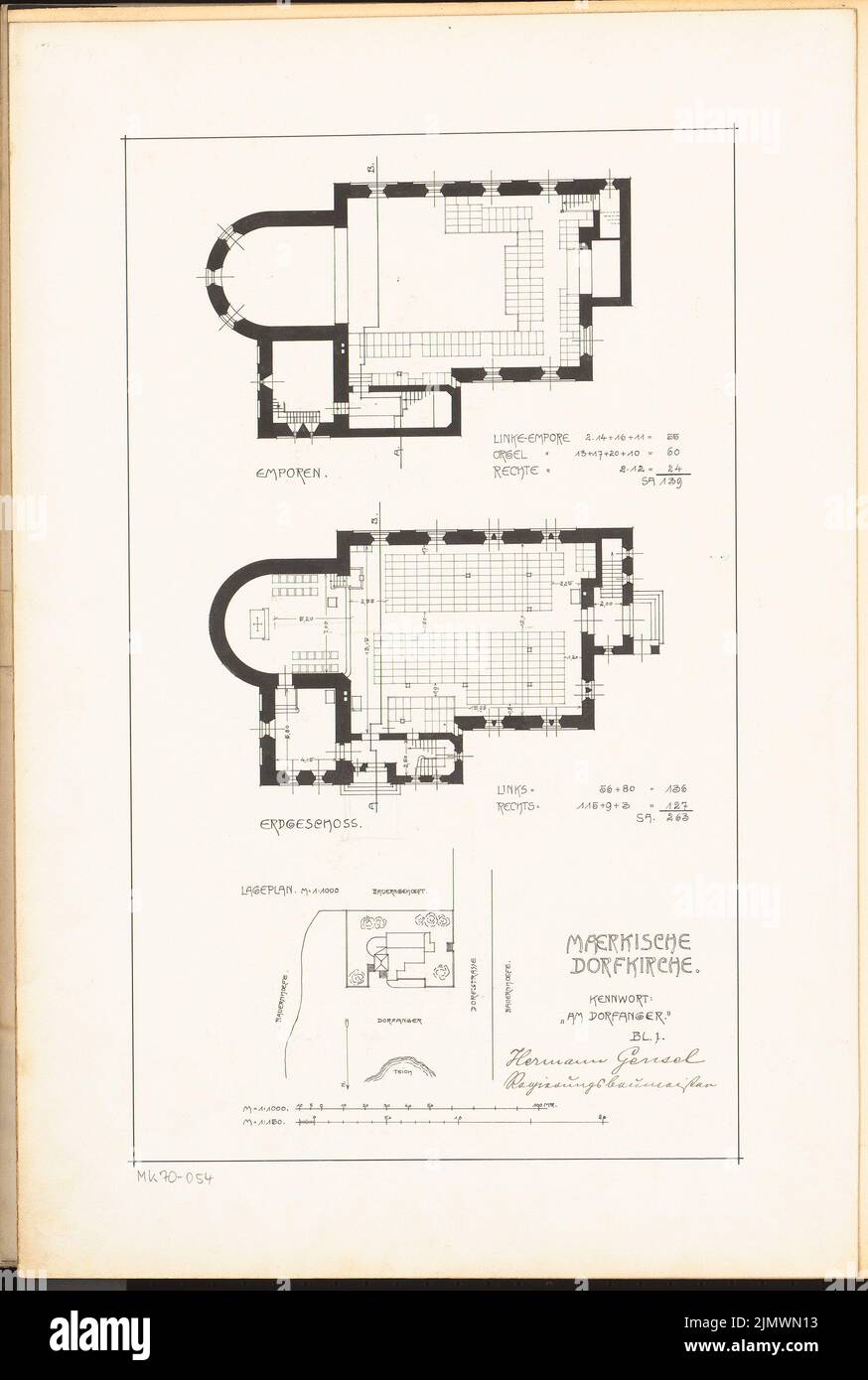 Gensel Herrmann (geboren 1872), Märkische Dorfkirche. Monatlicher Wettbewerb im Januar 1905 (01,1905): Grundrissplan 1: 1000; Grundrissplan Erdgeschoss, Galerie-Stockwerk 1: 150; Streifen im Maßstab 2. Tinte auf Karton, 59,3 x 39,9 cm (inklusive Scankanten) Gensel Herrmann (geb. 1872): Märkische Dorfkirche. Monatskurrenz Januar 1905 Stockfoto