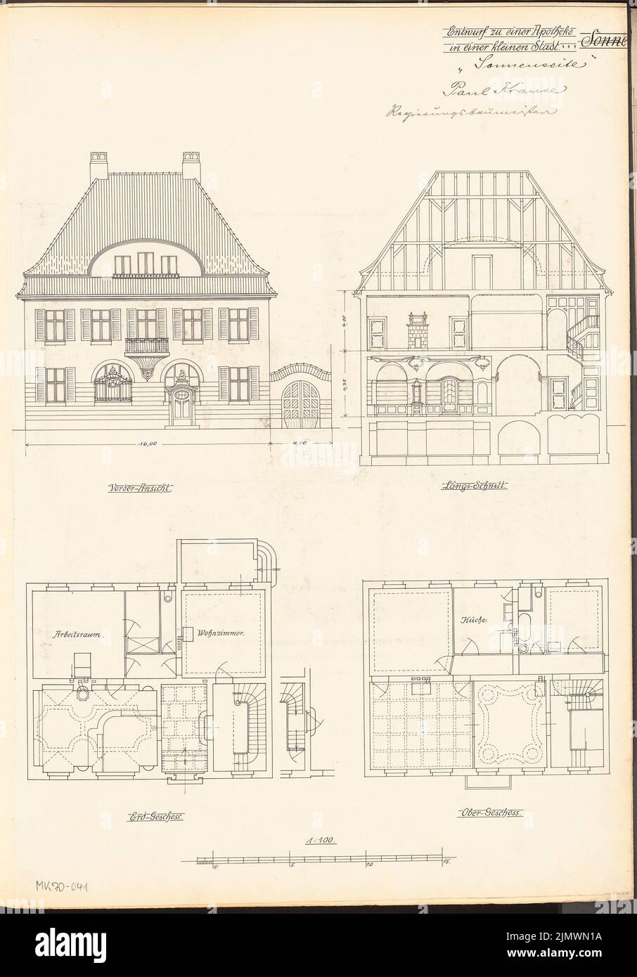 Krause Paul (geboren 1875), Apotheke in einer Kleinstadt. Monatlicher Wettbewerb Dezember 1904 (12,1904): Grundriß Erdgeschoss, Obergeschoss, aufrechte Vorderansicht, Längsschnitt 1: 100; Maßstabsbalken. Tinte auf Karton, 59,4 x 41,4 cm (inklusive Scankanten) Krause Paul (geb. 1875): Apotheke in einer Kleinstadt. Monatskurrenz Dezember 1904 Stockfoto