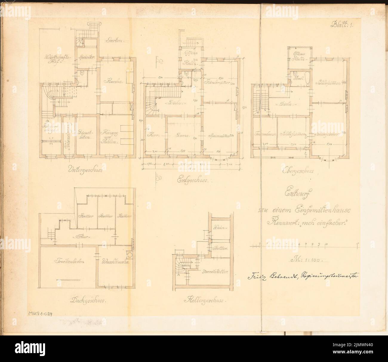 Behrendt Fritz (geb. 1877), Einfamilienhaus. Monatlicher Wettbewerb Dezember 1905 (12,1905): Grundriß Keller, Keller, Erdgeschoss, Obergeschoss, Dachgeschoss 1: 100; Skalenbalken. Bleistift Aquarell auf Papier, 52 x 60,1 cm (inklusive Scankanten) Behrendt Fritz (geb. 1877): Einfamilienhaus. Monatskurrenz Dezember 1905 Stockfoto