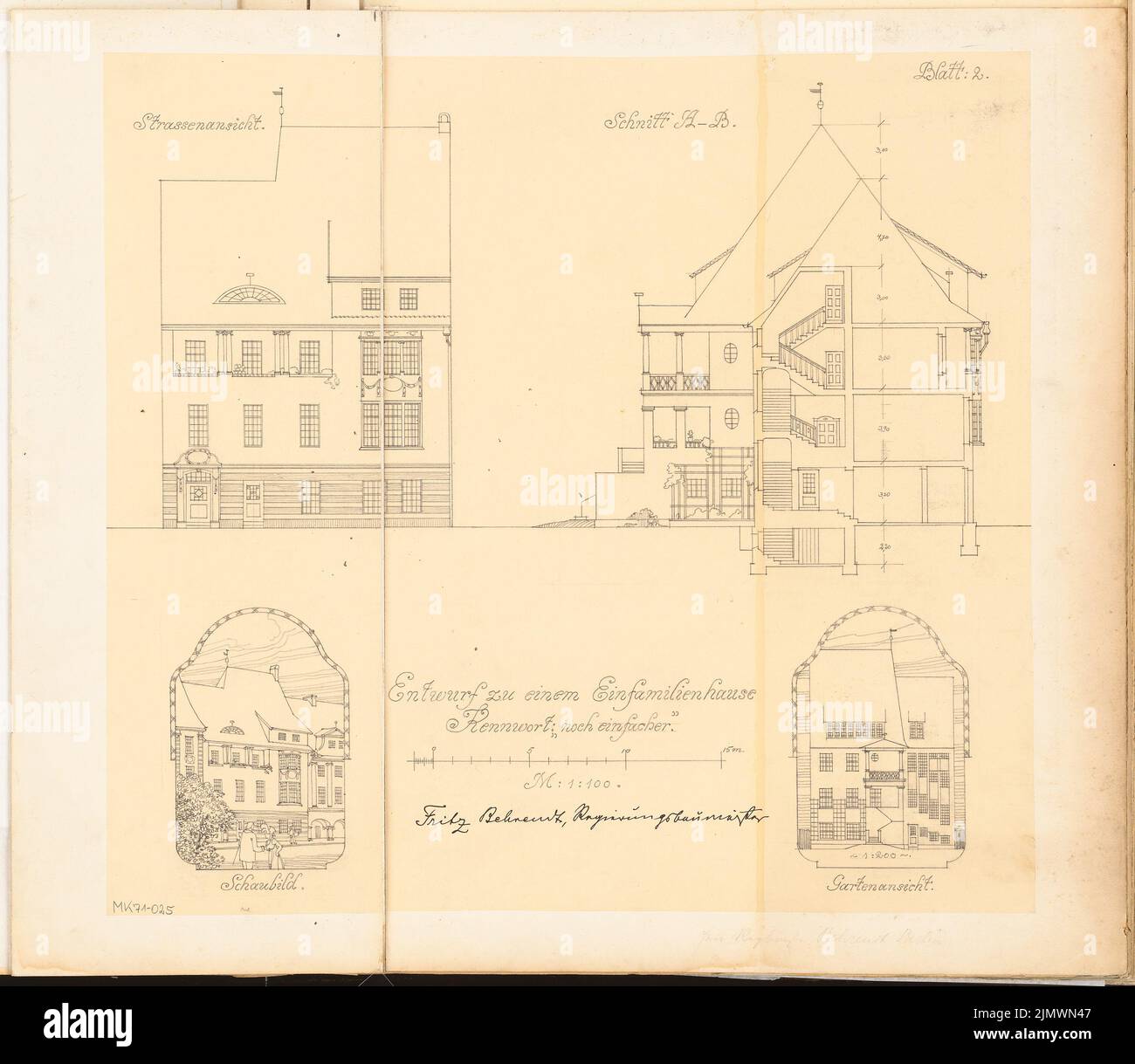 Behrendt Fritz (geb. 1877), Einfamilienhaus. Monatlicher Wettbewerb Dezember 1905 (12,1905): Riss-Vorderansicht, Gartenansicht, Längsschnitt 1: 100; Perspektivansicht; Maßstabsbalken. Bleistift auf Papier, 52,4 x 60,3 cm (einschließlich Scankanten) Behrendt Fritz (geb. 1877): Einfamilienhaus. Monatskurrenz Dezember 1905 Stockfoto