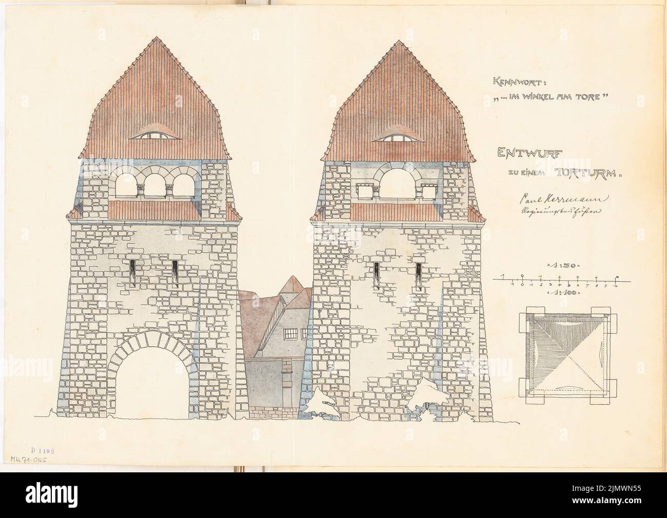 Hermann Hans-Paul (geb. 1882), Torturm. Monatlicher Wettbewerb 1906. Oktober (10,1906): Grundriß Dachüberwachung 1: 100, unregelmäßige Vorderansicht, Seitenansicht 1:50; Streifen im Maßstab 2. Tusche Aquarell auf der Schachtel, 50,7 x 71,5 cm (inklusive Scankanten) Hermann Hans-Paul (geb. 1882): Torturm. Monatskurrenz Oktober 1906 Stockfoto