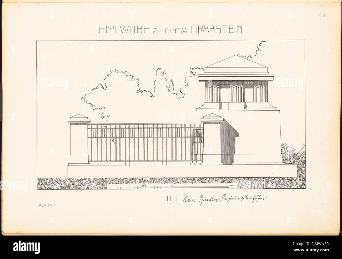 Günther Hans (geb. 1878), Grabstein. Monatliches Gewinnspiel vom 1907. März (03,1907): Riss-Seitenansicht; Skalenbalken. Tinte auf Karton, 40,9 x 59,4 cm (inklusive Scankanten) Günther Hans (geb. 1878): Grabstein. Monatskurrenz März 1907 Stockfoto