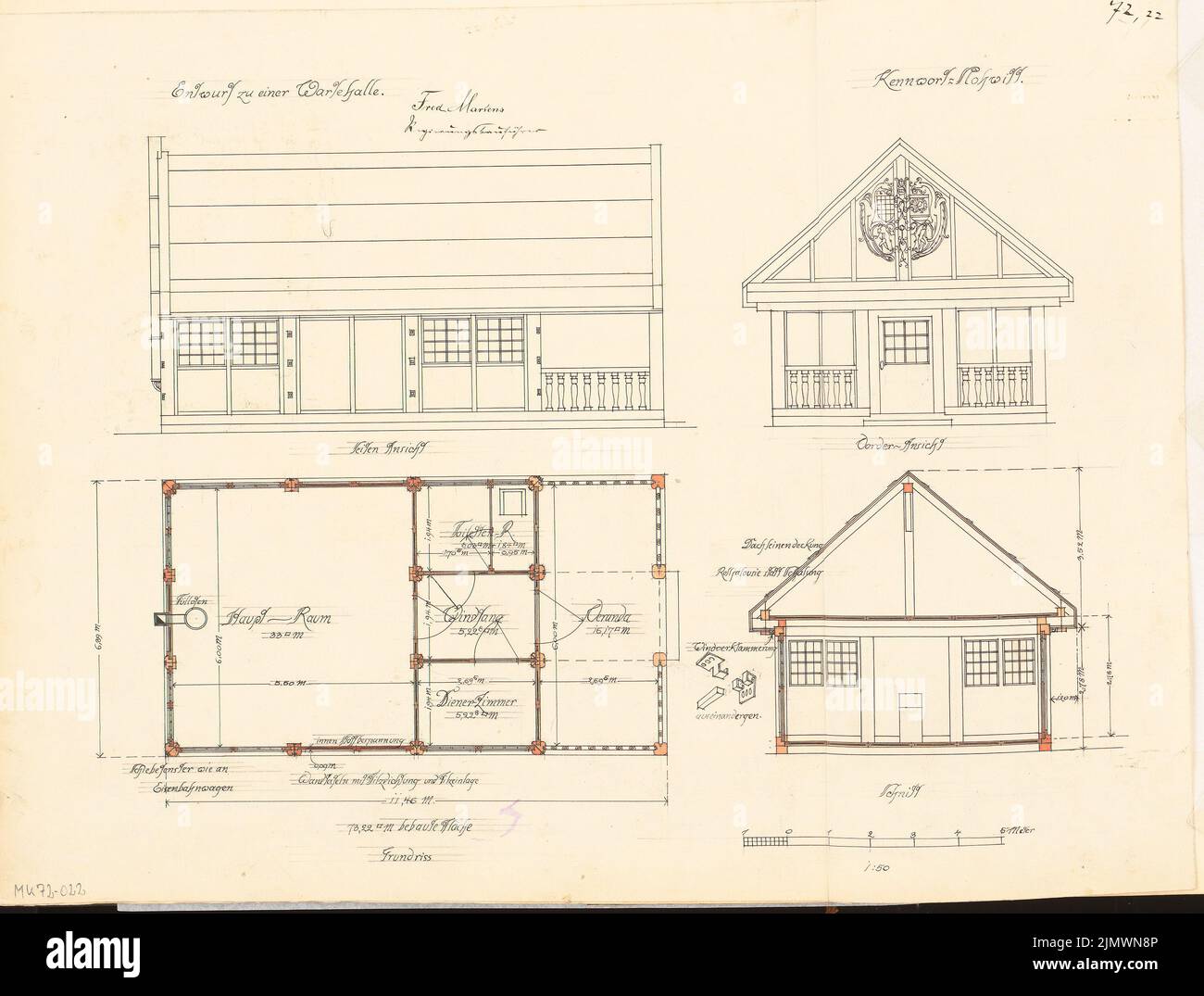 Martens Fred (1882-1920), Wartehalle. Monatlicher Wettbewerb 1908. Februar (02,1908): Grundriß, Vorderansicht der Vorfahren, Seitenansicht, Querschnitt 1:50; Maßstabsbalken. Tusche Aquarell auf der Schachtel, 41,5 x 54,8 cm (inklusive Scan-Kanten) Martens Fred (1882-1920): Wartehalle. Monatskurrenz Februar 1908 Stockfoto