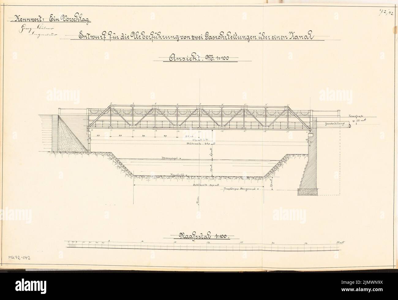 Stübner Georg (geb. 1872), Übertragung einer Gasleitung und eines Fußweges über einen Kanal. Monatlicher Wettbewerb November 1907 (11,1907): Obere Seitenansicht 1: 100; Maßstab bar. Tinte auf Karton, 41,4 x 60,4 cm (inklusive Scankanten) Stübner Georg (geb. 1872): Überführung einer Gasleitung und eines Fußweges über einen Kanal. Monatskurrenz November 1907 Stockfoto