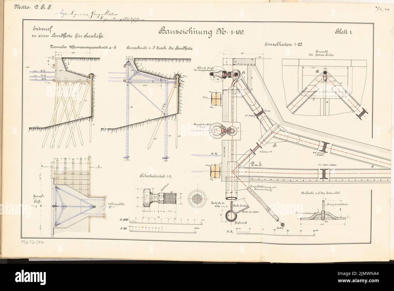 Müller Georg (geb. 1880), Landfeste für Seeschiffe. Monatlicher Wettbewerb 1908. Februar (02,1908): Grundriß, 2 Querschnitte 1: 100, Details 1:20; Maßstabsbalken. Tinte auf Karton, 40,4 x 60,2 cm (inklusive Scankanten) Müller Georg (geb. 1880): Landfeste für Seeschiffe. Monatskurrenz Februar 1908 Stockfoto