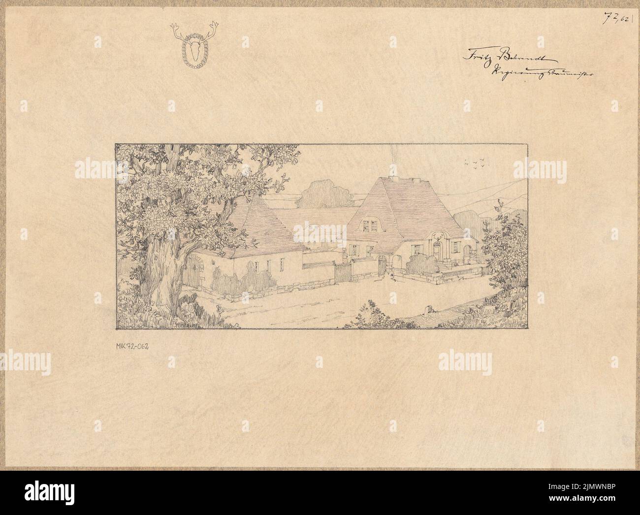 Behrendt Fritz (geboren 1877), Försterhöt. Monatlicher Wettbewerb Oktober 1908 (10,1908): Perspektivansicht. Bleistift auf Papier, 37,9 x 51,6 cm (einschließlich Scankanten) Behrendt Fritz (geb. 1877): Förstergehöft. Monatskurrenz Oktober 1908 Stockfoto