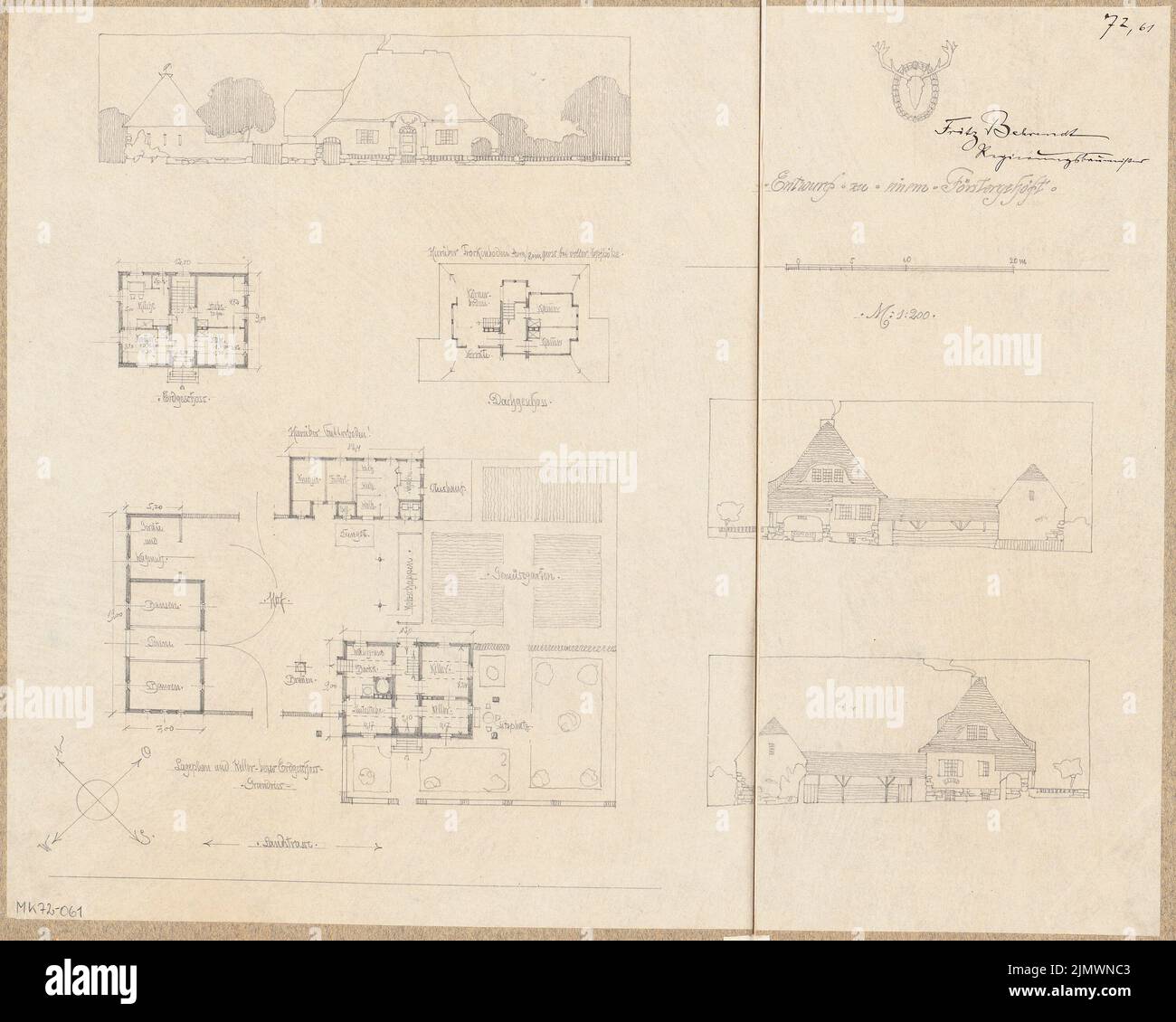 Behrendt Fritz (geboren 1877), Försterhöt. Monatlicher Wettbewerb Oktober 1908 (10,1908): Lageplan mit Grundriß Keller, Grundriß Erdgeschoss, Dachboden, offener Straßenblick, 2 andere Ansichten 1: 200; Maßstab bar. Bleistift auf Papier, 43,9 x 54,8 cm (einschließlich Scankanten) Behrendt Fritz (geb. 1877): Förstergehöft. Monatskurrenz Oktober 1908 Stockfoto
