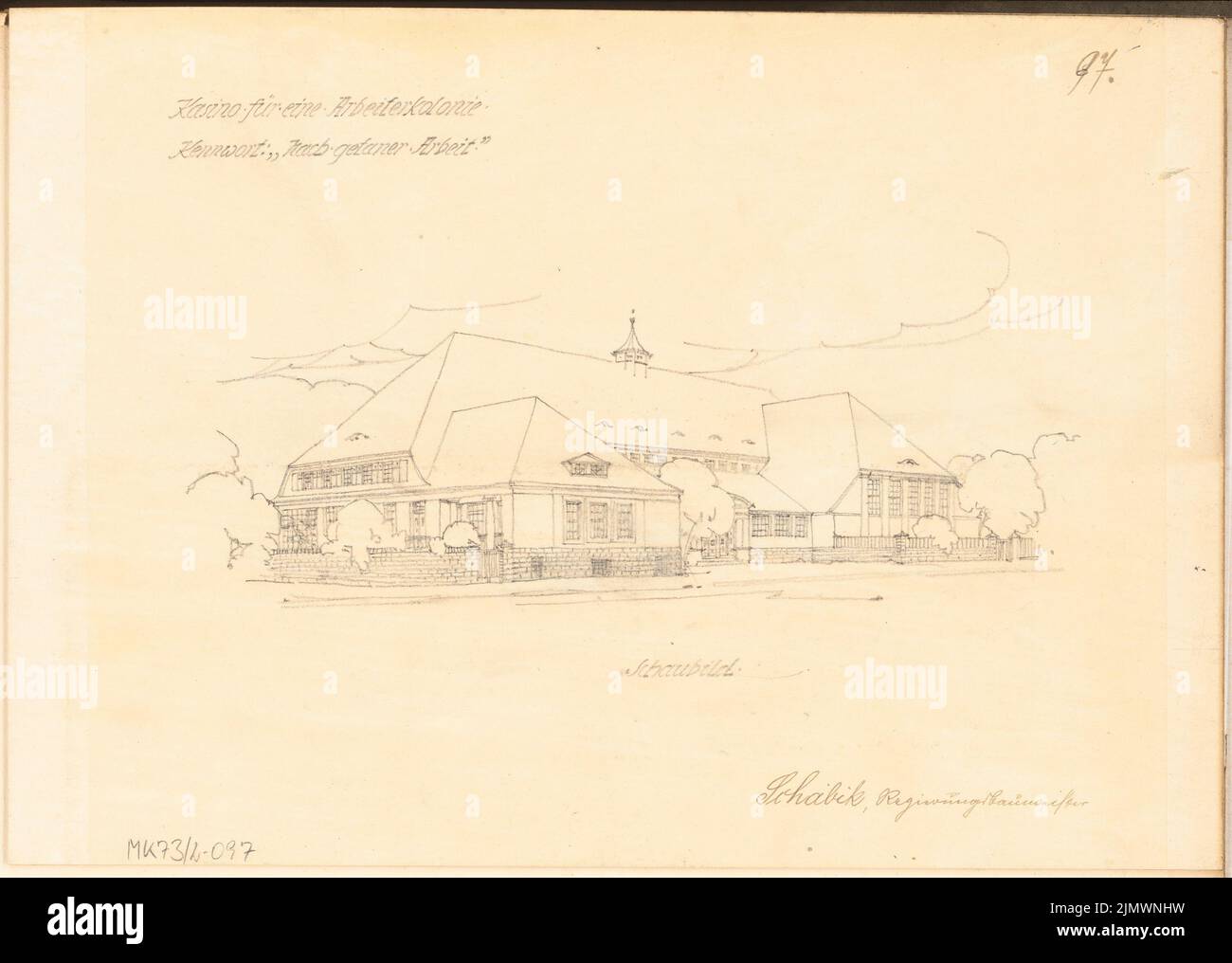 Schabik Carl (geboren 1882), Casino für eine Arbeiterkolonie. Monatlicher Wettbewerb Oktober 1912 (10,1912): Perspektivansicht. Bleistift auf Transparent, 26,8 x 37,6 cm (inklusive Scankanten) Schabik Carl (geb. 1882): Kino für eine Arbeiterkolonie. Monatskurrenz Oktober 1912 Stockfoto