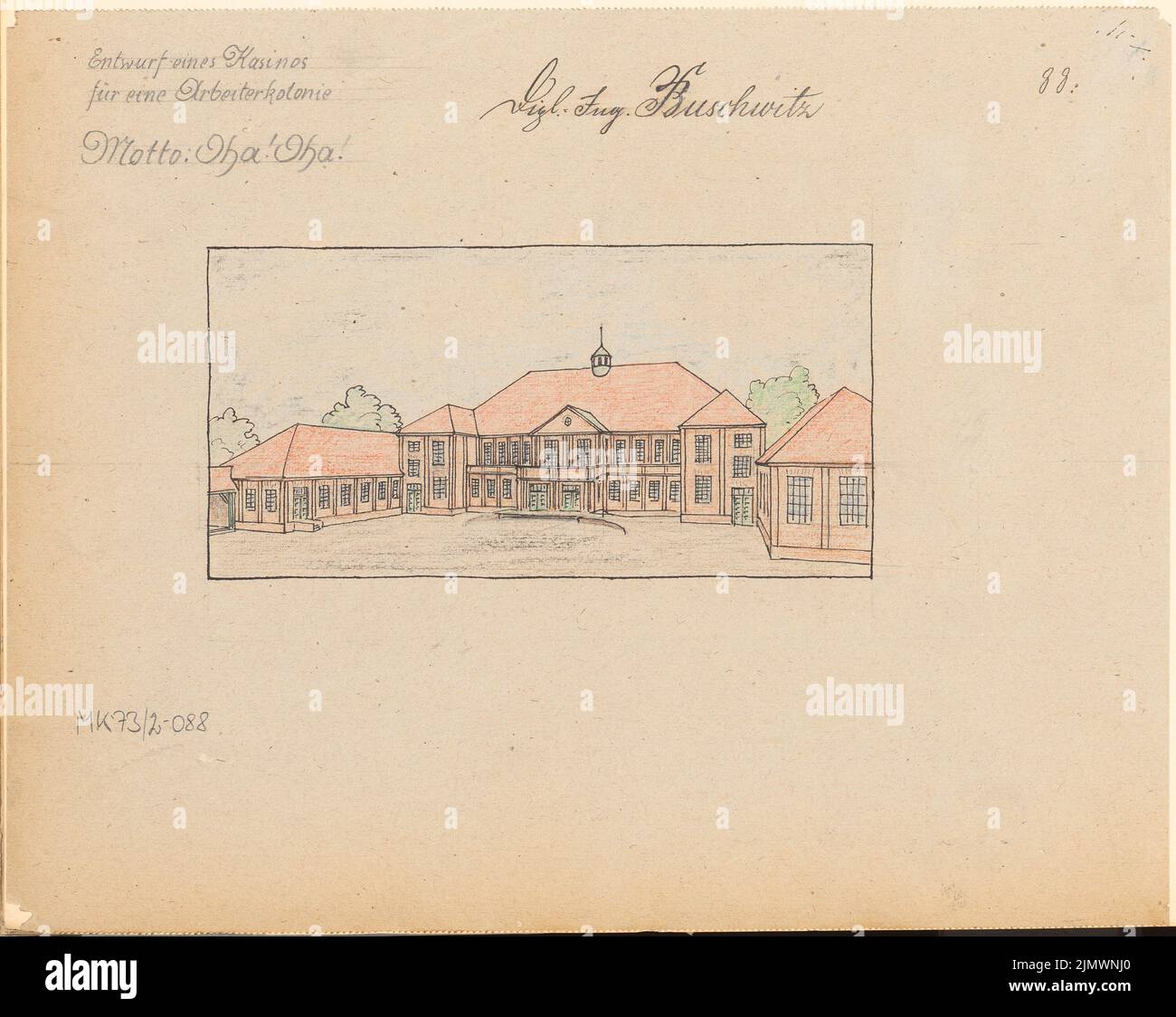 Buchwitz Erwin (1880-1917), Casino für eine Arbeiterkolonie. Monatlicher Wettbewerb Oktober 1912 (10,1912): Perspektivansicht. Tusche und Farbstift auf Karton, 26,4 x 33,2 cm (inklusive Scankanten) Buschwitz Erwin (1880-1917): Kino für eine Arbeiterkolonie. Monatskurrenz Oktober 1912 Stockfoto