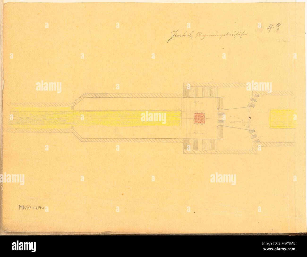 Jentsch Hermann (1882-1925), Anschluss einer Straßenbahn an eine U-Bahn. Monatlicher Wettbewerb Januar 1910 (01,1910): Grundriß. Bleistift und Farbstift auf transparent, 32,9 x 42,7 cm (inklusive Scankanten) Jentsch Hermann (1882-1925): Anschluss einer Straßenbahn an eine U-Bahn. Monatskurrenz Januar 1910 Stockfoto