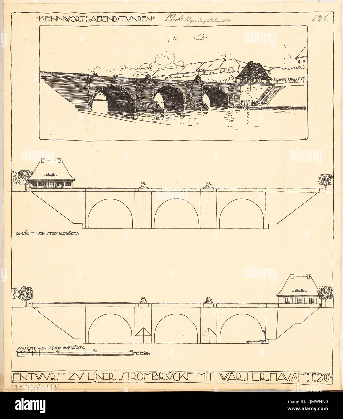 Virck Friedrich Wilhelm (1883-1926), Straßenbrücke mit Wachhaus. Monatlicher Wettbewerb 1913. März (03,1913): Brücke: Ansichten stromabwärts, stromaufwärts oben 1: 200, perspektivische Ansicht; Skalenbalken. Tinte auf Karton, 52,6 x 46,2 cm (inklusive Scankanten) Virck Friedrich Wilhelm (1883-1926): Straßenbrücke mit Wärterhaus. Monatskurrenz März 1913 Stockfoto