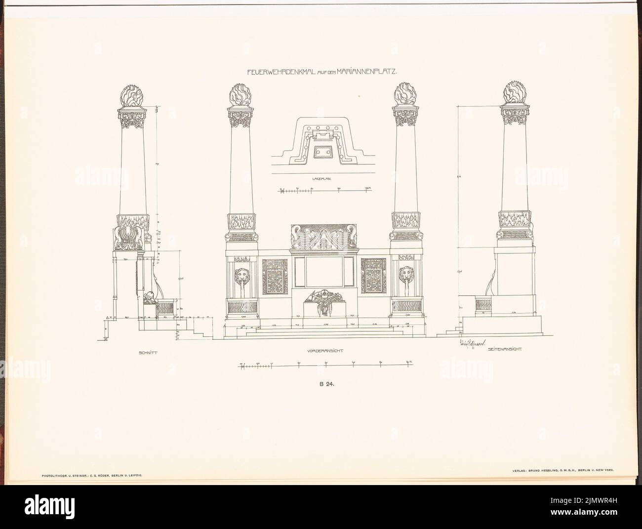 Hoffmann Ludwig (1852-1932), (noch nicht aufgenommen) (1904): Noch nicht aufgenommen (L.H., Neubauten der Stadt Berlin, Vol. III). Druck auf Papier, 38,9 x 51,6 cm (inklusive Scankanten) Hoffmann Ludwig (1852-1932): Feuerwehrdenkmal auf dem Mariannenplatz, Berlin. (Aus: Neubauten der Stadt Berlin, Bd. III, 1904) Stockfoto