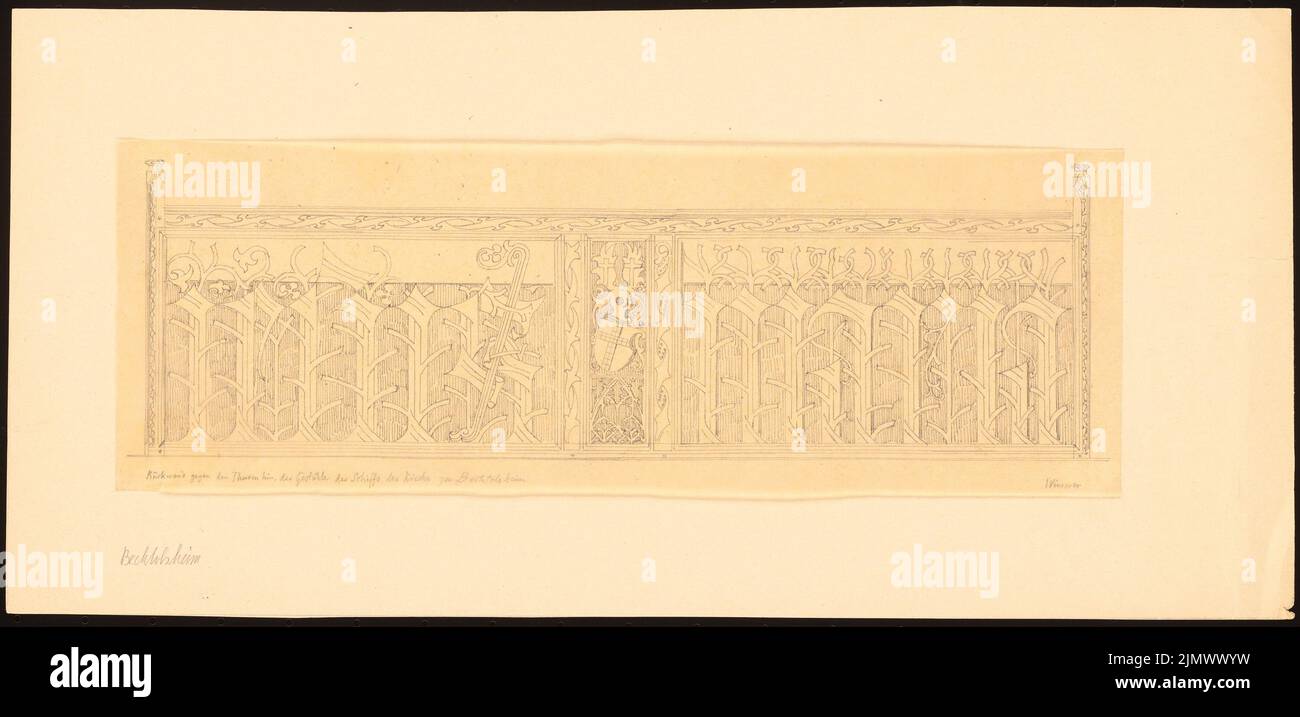 Quast Ferdinand von (1807-1877), Kirche in Bechtolsheim. Holzschnitzerei (15.. Jh.) (ohne Datum): Rückwand der spätgotischen Kirche, die am Turm des Schiffes steht, mit floralen Arabesken-Ornamenten und Wappen. Bleistift auf Transparent, 22,3 x 46,1 cm (inklusive Scankanten) Quast Ferdinand von (1807-1877): Kirche, Bechtolsheim. Holzschnitzerei (15. Jh.) Stockfoto Quast Ferdinand von (1807-1877), Kirche in Bechtolsheim. Holzschnitzerei (15.. Jh.) (ohne Datum): Rückwand der spätgotischen Kirche, die am Turm des Schiffes steht, mit floralen Arabesken-Ornamenten und Wappen. Bleistift auf Transparent, 22,3 x 46,1 cm (inklusive Scankanten) Quast Ferdinand von (1807-1877): Kirche, Bechtolsheim. Holzschnitzerei (15. Jh.) Stockfoto