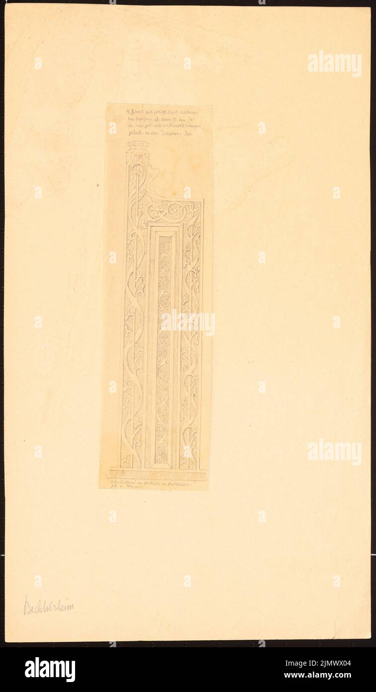 Quast Ferdinand von (1807-1877), Kirche in Bechtolsheim. Holzschnitzereien (15.. Jh.) (ohne Dat.): Florale Arabesken-Verzierungen, vermutlich der spätgotischen Kirchenstände. Bleistift auf Transparent, 47 x 27,3 cm (inklusive Scankanten) Quast Ferdinand von (1807-1877): Kirche, Bechtolsheim. Holzschnitzerei (15. Jh.) Stockfoto Quast Ferdinand von (1807-1877), Kirche in Bechtolsheim. Holzschnitzereien (15.. Jh.) (ohne Dat.): Florale Arabesken-Verzierungen, vermutlich der spätgotischen Kirchenstände. Bleistift auf Transparent, 47 x 27,3 cm (inklusive Scankanten) Quast Ferdinand von (1807-1877): Kirche, Bechtolsheim. Holzschnitzerei (15. Jh.) Stockfoto