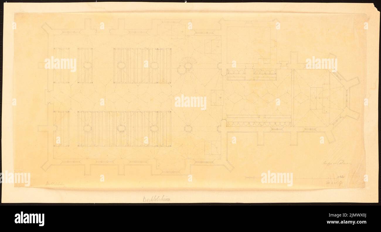 Quast Ferdinand von (1807-1877), Kirche in Bechtolsheim (ohne Datum): Gesamtgeschossplan der dreischiffigen Simultankirche, Maßstabsbalken (siehe Inv.Nr. L 18432, S. Bleistift auf Transparent, 24,7 x 45,8 cm (inklusive Scankanten) Quast Ferdinand von (1807-1877): Kirche, Bechtolsheim Stockfoto