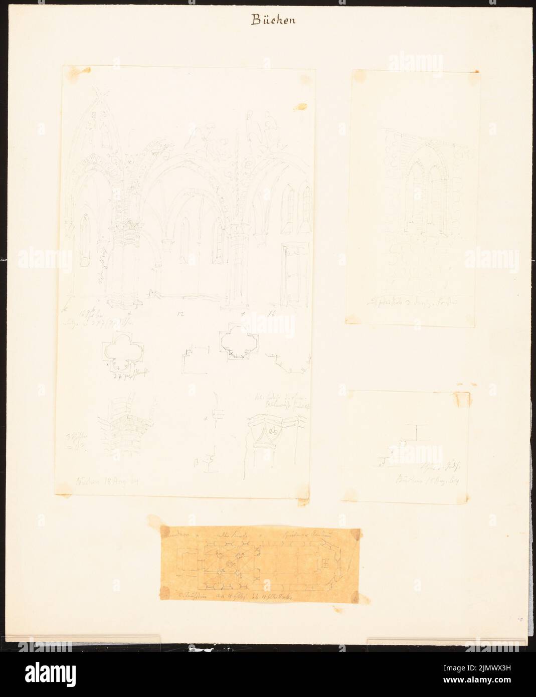 Quast Ferdinand von (1807-1877), Kirche in Büchen (18.08.1864): Vier Blätter: 1) Grundriß, 2) perspektivische Innenansicht, 3) Fenster Außenansicht, 4) Details Kapitelle mit Querschnitt (aus quast-Skizzenbuch). Bleistift auf Transparent, Bleistift auf Papier, 35,5 x 29,2 cm (inklusive Scankanten) Quast Ferdinand von (1807-1877): Kirche, Büchen Stockfoto