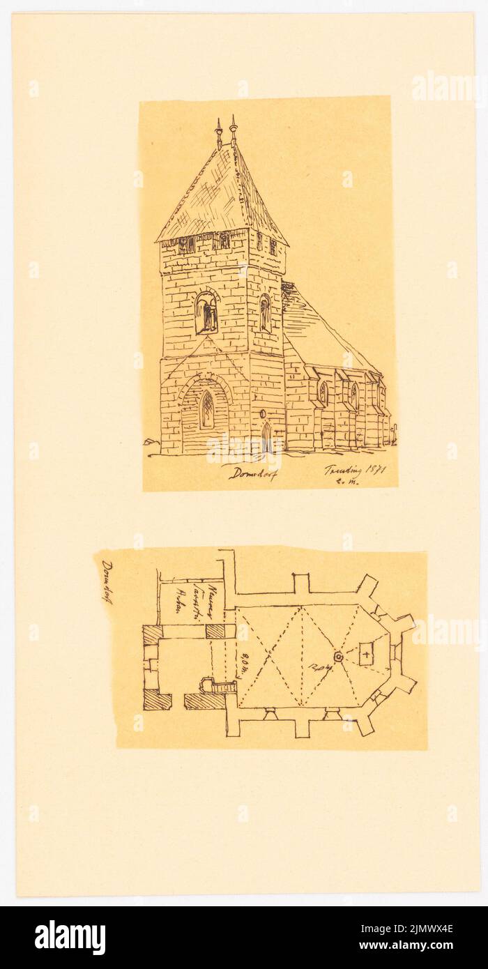 Quast Ferdinand von (1807-1877), Kirche in Donndorf (1871): Zwei Blätter, fast identisch mit Inv 18490: 1) Perspektivansicht, 2) Grundriß mit neuem Sakristei-Anbau. Tusche auf Transparent, 35,3 x 19 cm (inklusive Scankanten) Quast Ferdinand von (1807-1877): Kirche, Donndorf Stockfoto Quast Ferdinand von (1807-1877), Kirche in Donndorf (1871): Zwei Blätter, fast identisch mit Inv 18490: 1) Perspektivansicht, 2) Grundriß mit neuem Sakristei-Anbau. Tusche auf Transparent, 35,3 x 19 cm (inklusive Scankanten) Quast Ferdinand von (1807-1877): Kirche, Donndorf Stockfoto