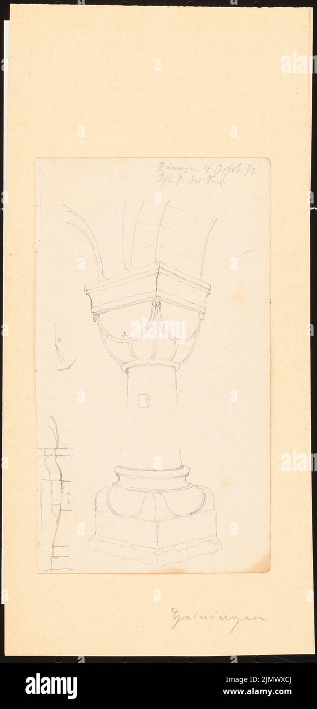 Quast Ferdinand von (1807-1877), Kirche in Heiningen. Kleiner (04.10.1873): Perspektivische Ansichten der Basis und des Kapitels, östliche Seite der Südseite. Bleistift auf Papier, 24,1 x 11,5 cm (inklusive Scankanten) Quast Ferdinand von (1807-1877): Kirche, Heiningen. Pfeiler Stockfoto