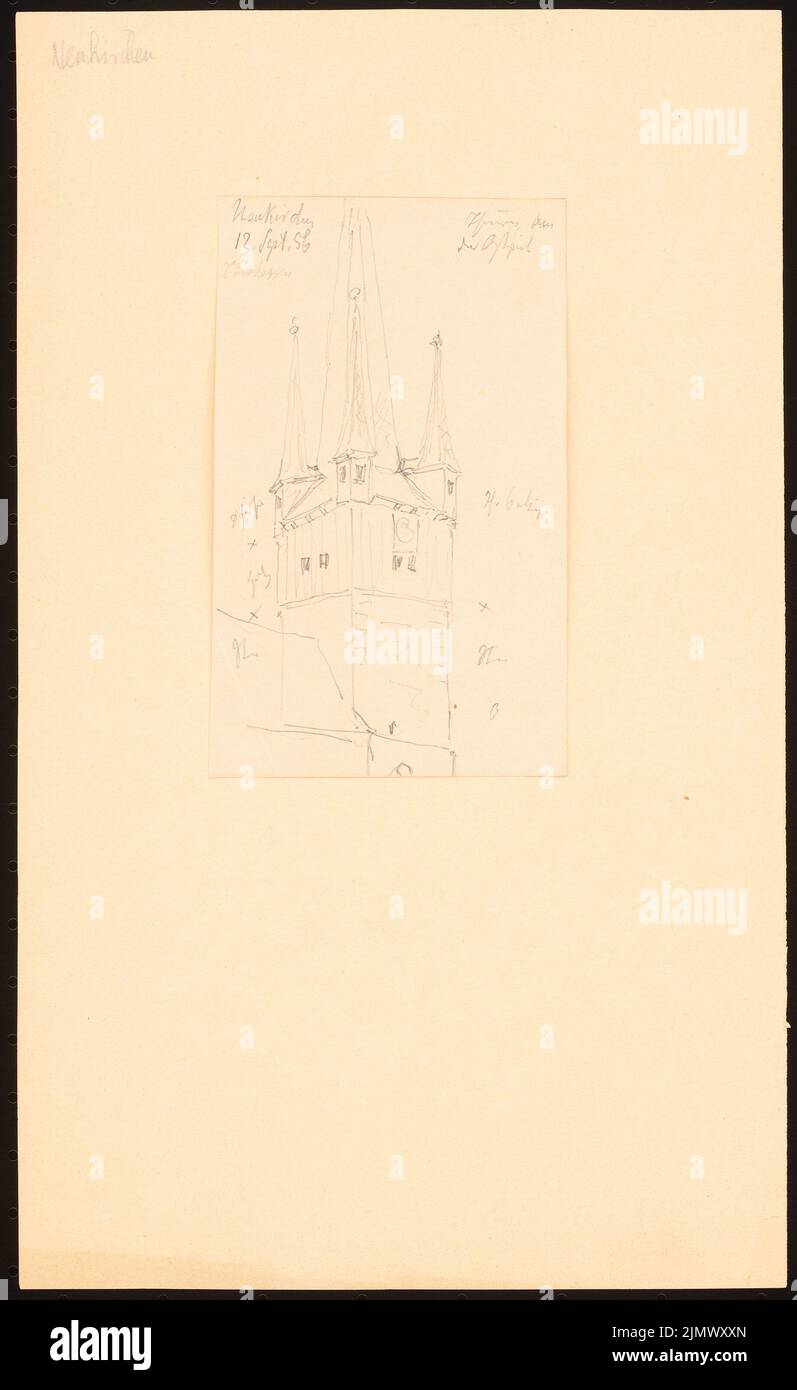 Quast Ferdinand von (1807-1877), Kirche in Neukirchen (12. September 1856): Perspektivische Ansicht des Kirchturms auf der Ostseite. Bleistift auf Papier (Skizzenbuch?), 31,4 x 19,3 cm (inklusive Scankanten) Quast Ferdinand von (1807-1877): Kirche, Neukirchen Stockfoto