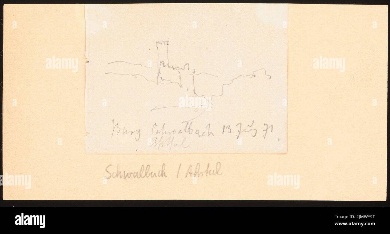 Quast Ferdinand von (1807-1877), Schloss Schwalbach im Aartal (13. Juli 1871): Perspektivische Ansicht. Bleistift auf Papier, 9,2 x 17,4 cm (inklusive Scankanten) Quast Ferdinand von (1807-1877): Burg Schwalbach im Aartal Stockfoto