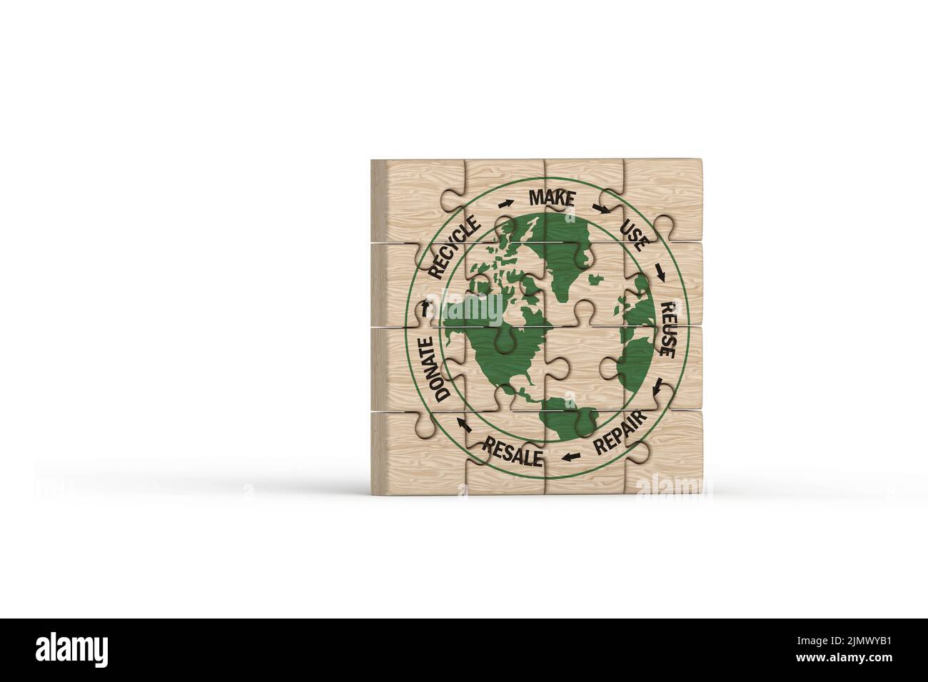 Kreisförmige Wirtschaft Symbol auf komplette Holzpuzzle, machen, verwenden, wiederverwenden, reparieren, Recyceln, spenden, für nachhaltigen Konsum wiederverkaufen, den Planeten retten Stockfoto