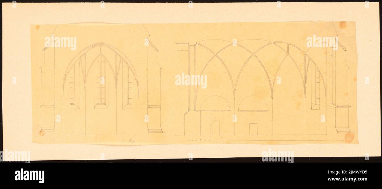 Quast Ferdinand von (1807-1877), Klosterkirche St. Clara (ehemals Franziskanerkloster) in Weißenfels (1872): Längsschnitt, Querschnitt, Maßstabsbalken. Bleistift auf transparent, 15,9 x 37,2 cm (inklusive Scankanten) Quast Ferdinand von (1807-1877): Klosterkirche St. Clara (ehem. Franziskaner-Nonnenkloster), Weißenfels Stockfoto