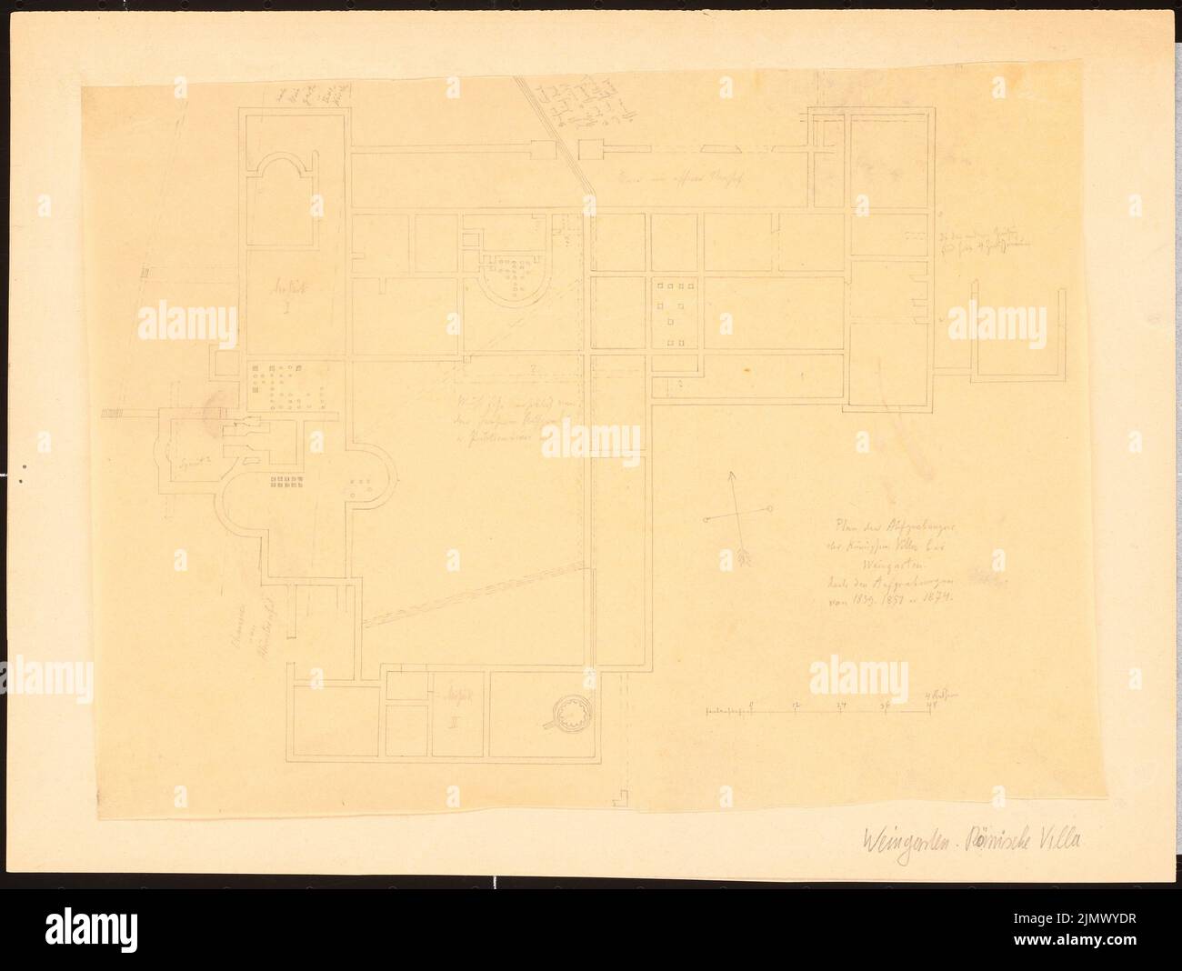 Quast Ferdinand von (1807-1877), römische Villa bei Weingarten (ca. 1874): Plan der Ausgrabungen (1839, 1851 und 1874), Maßstabsbalken. Bleistift auf Transparent, 25,9 x 34,4 cm (inklusive Scankanten) Quast Ferdinand von (1807-1877): Römische Villa, Weingarten Stockfoto