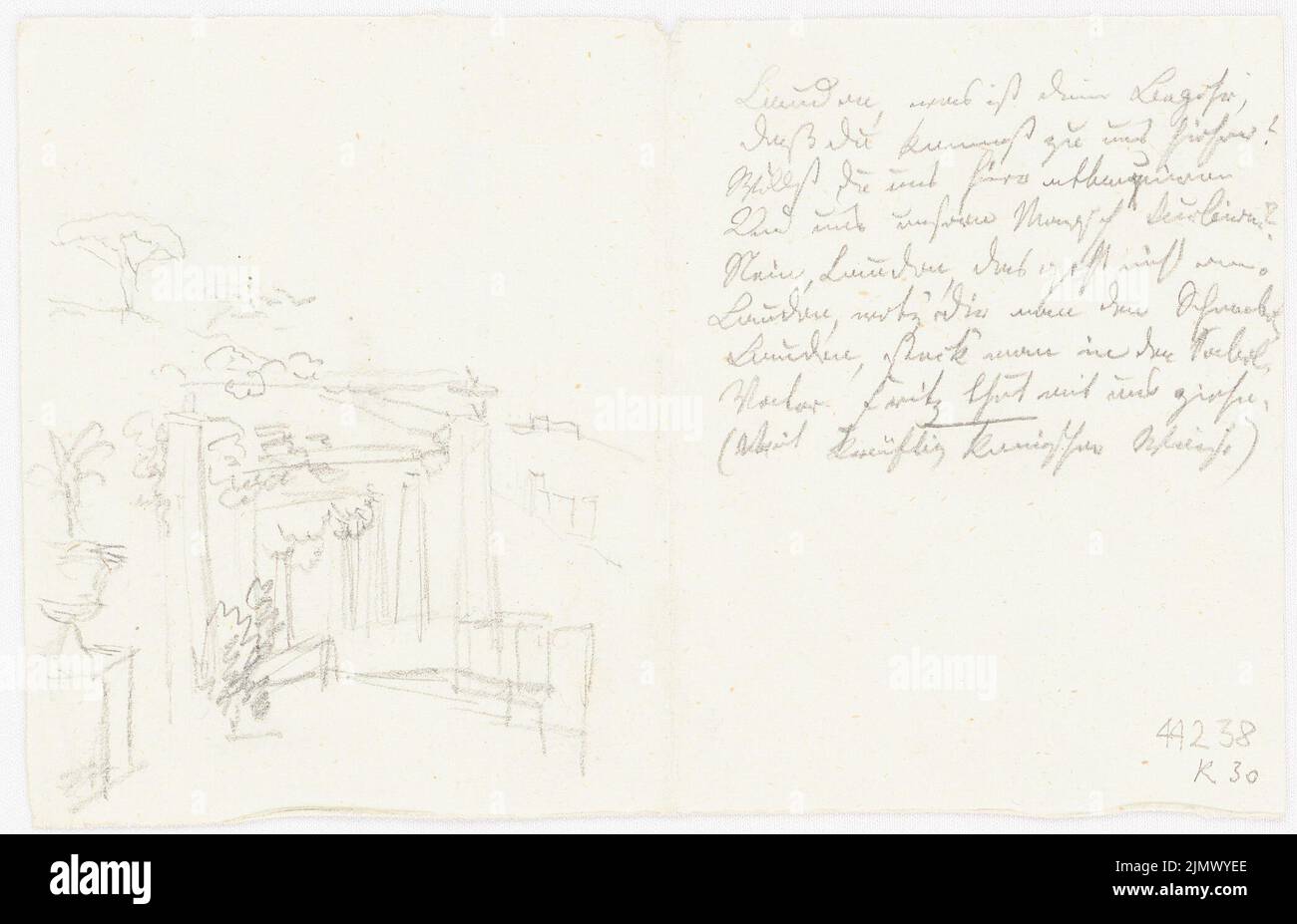 Quast Ferdinand von (1807-1877), südliche Arkade (?) (Ohne DAT.): Skizze einer Arkade, Text (aus Quast). Bleistift auf Papier, 11,4 x 17,7 cm (inklusive Scankanten) Quast Ferdinand von (1807-1877): Südlicher Laubengang (?) Stockfoto