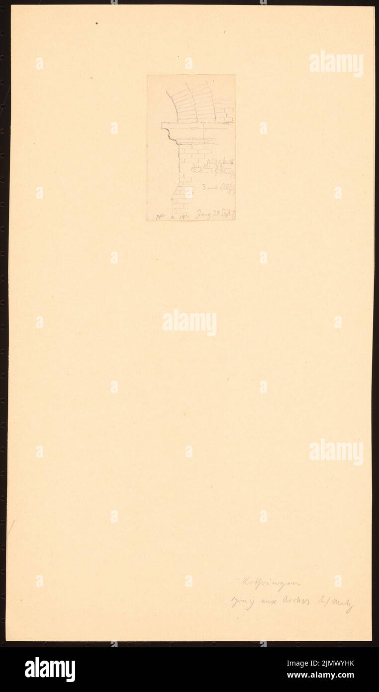 Quast Ferdinand von (1807-1877), Römische Wasserleitung in Jouy-Aux-Arches, Lothringen (28.09.1873): Perspektivische Ansicht eines Bogens des Aquädukts?. Bleistift auf Papier (Skizzenbuch?), 37 x 21,7 cm (inklusive Scankanten) Quast Ferdinand von (1807-1877): Römische Wasserleitung, Jouy-aux-Arches Stockfoto