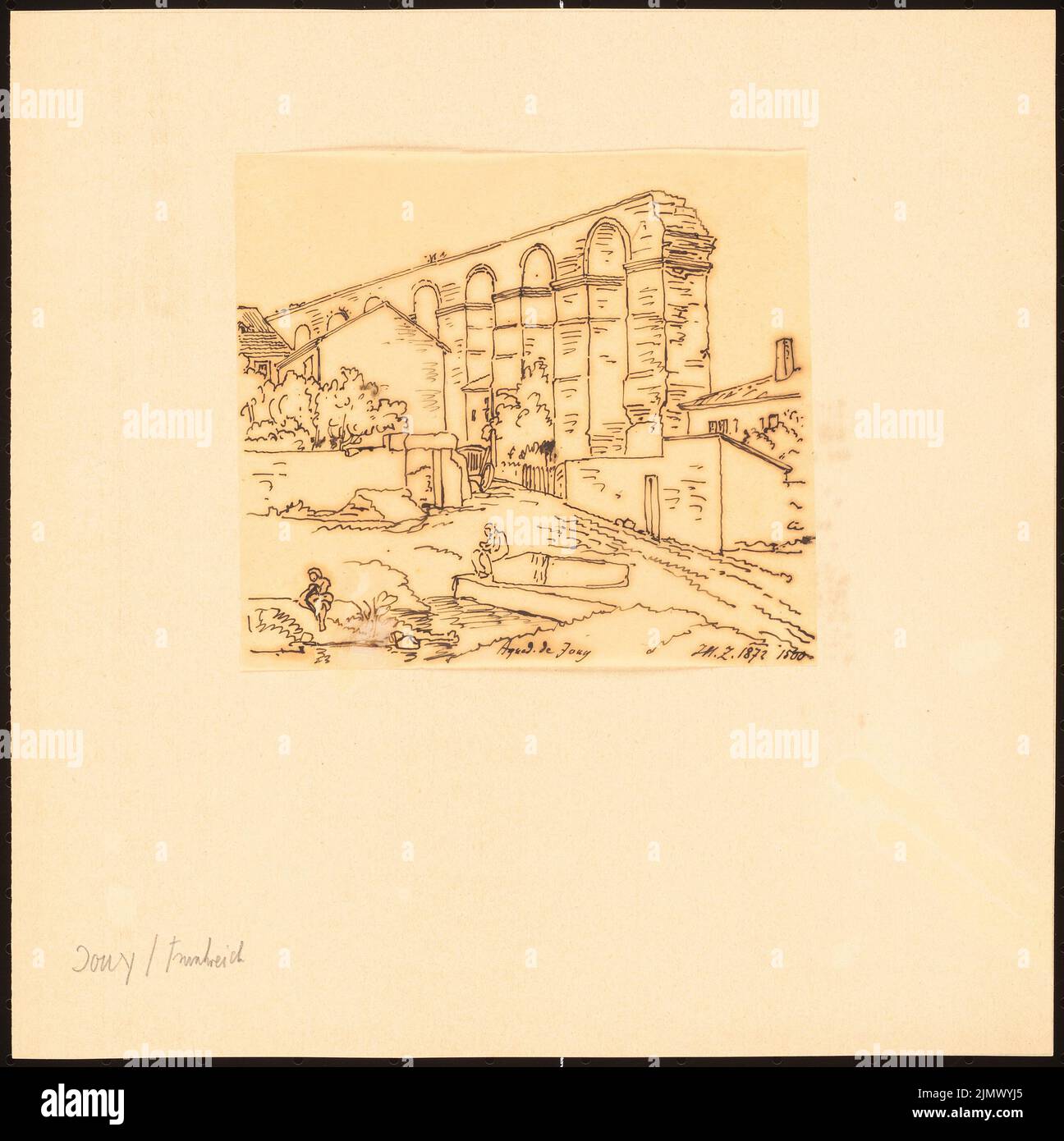 Quast Ferdinand von (1807-1877), Römische Wasserleitung in Jouy-Aux-Arches, Lothringen (1872): Perspektivische Ansicht des Aquädukts wie z. B. Inv 44274, hier mit Staffage, so die illustrierte Zeitung, 1872, 1500. Tusche auf Transparent, 26,9 x 26,8 cm (inklusive Scankanten) Quast Ferdinand von (1807-1877): Römische Wasserleitung, Jouy-aux-Arches Stockfoto