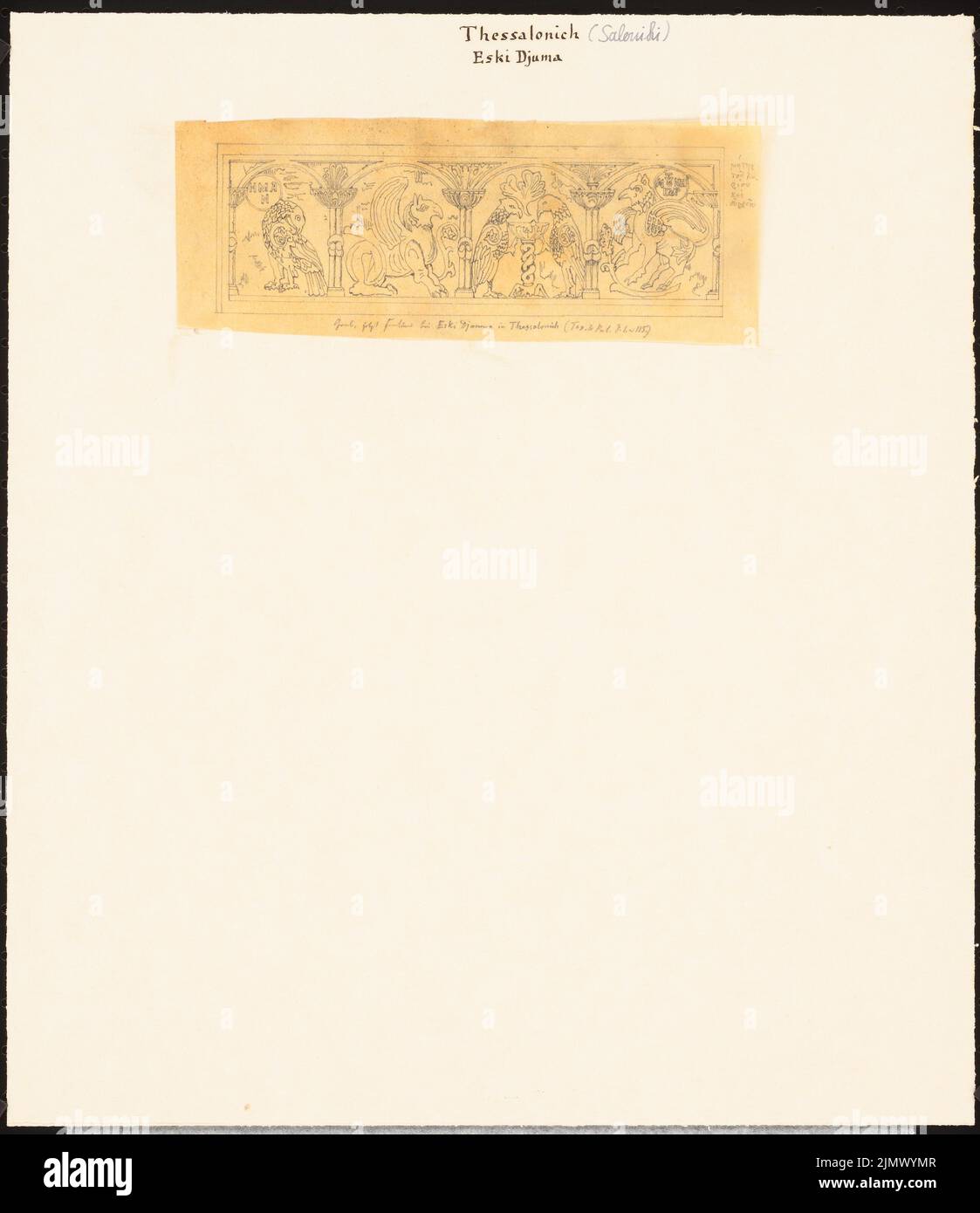 Quast Ferdinand von (1807-1877), Grab bei Eski Djouma in Saloniki/Thessaloniki (ohne dat.): Beizeichnung: Ansicht Friese mit mythischen Tiermotiven, jetzt Brunnen, nach Charles Texier und Richard P. Pullan, S. 1 und 115. Transparent, 33,6 x 29 cm (inklusive Scan-Kanten) Quast Ferdinand von (1807-1877): Grab bei Eski Djouma, Thessaloniki Stockfoto