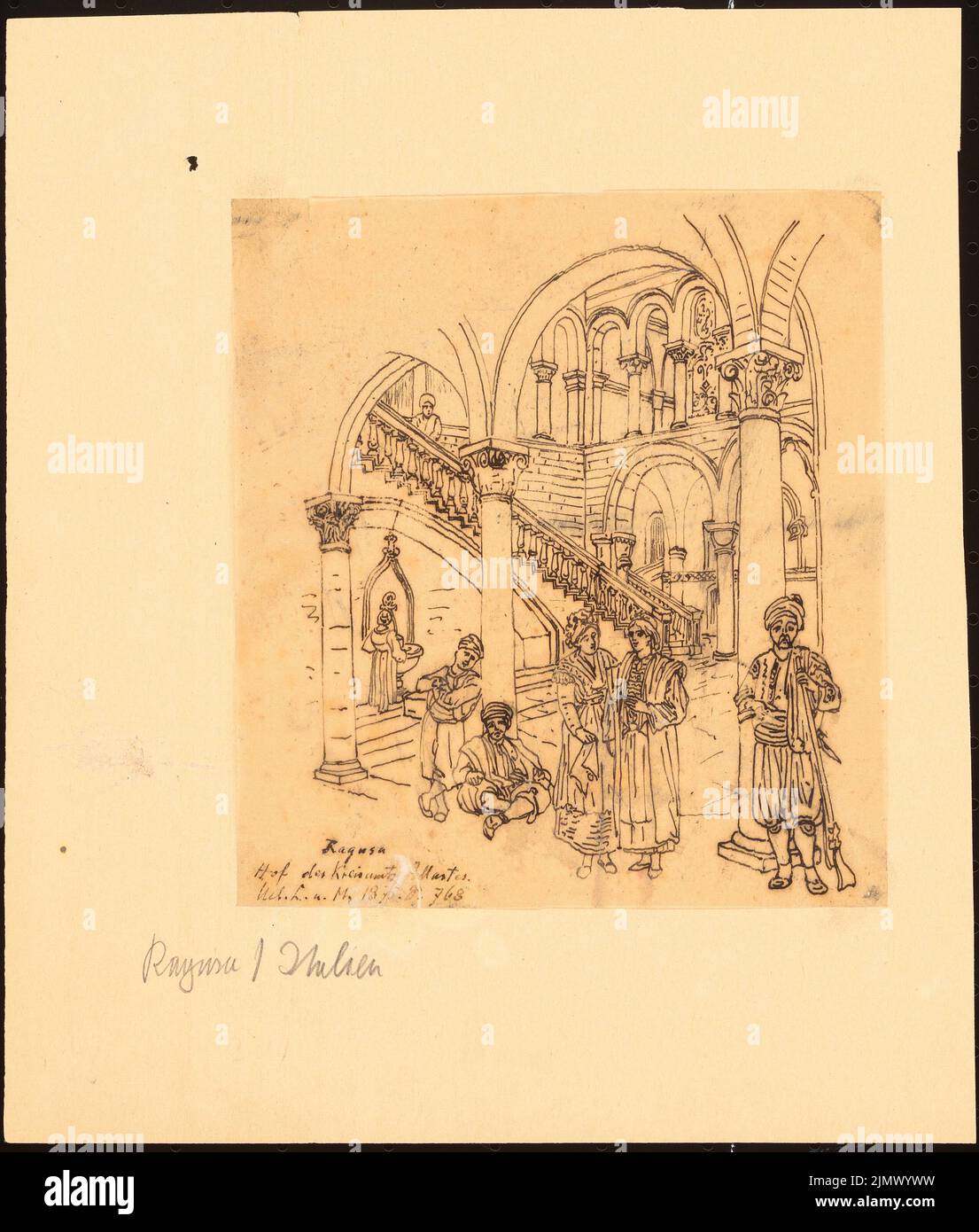 Quast Ferdinand von (1807-1877), Stadtpalais in Ragusa (1875): Steuerung: Perspektivische Ansicht des Innenhofes mit orientalischer (?) Figur Stab, nach über Land und Meer, S. 768. Tusche auf Transparent, 26,1 x 22 , 2 cm (inklusive Scan-Kanten) Quast Ferdinand von (1807-1877): Kreisamtspalast, Ragusa Stockfoto